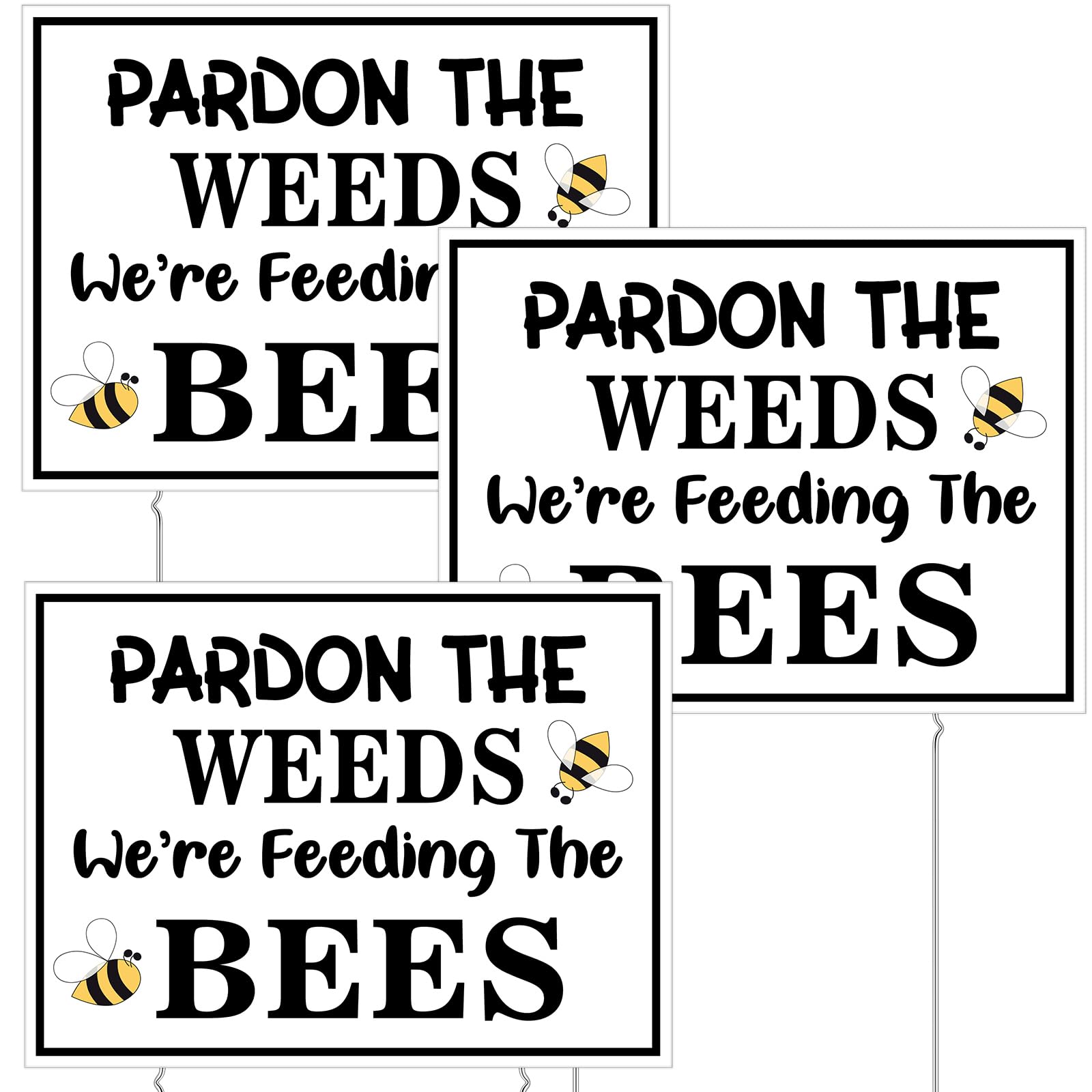 Therwen 3 Pcs Pardon Weeds Feeding Bees Yard Road Sign 12 x 15.8 Inch Double Sided Pardon the Weeds We Are Feeding the Bees Yard Sign Pollinator Garden Sign Save Bees Lawn Signs with Stakes for Decor