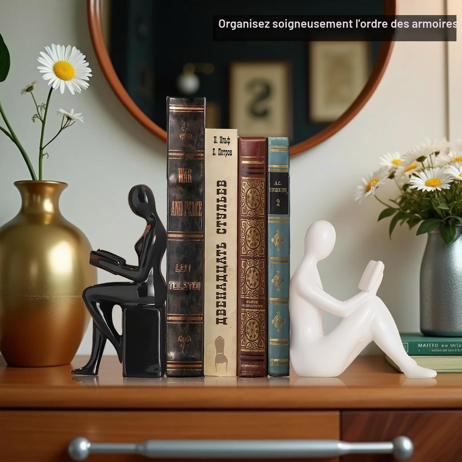 Qualsen The Reader Serre Livre Robuste Et Antidérapant, Support Livres Humanoïdes pour La Maison, Le Bureau, La Bibliothèque Et L'école Serre-Livres Décoratifs, Cale Livre Le Bureau Noir et Blanc