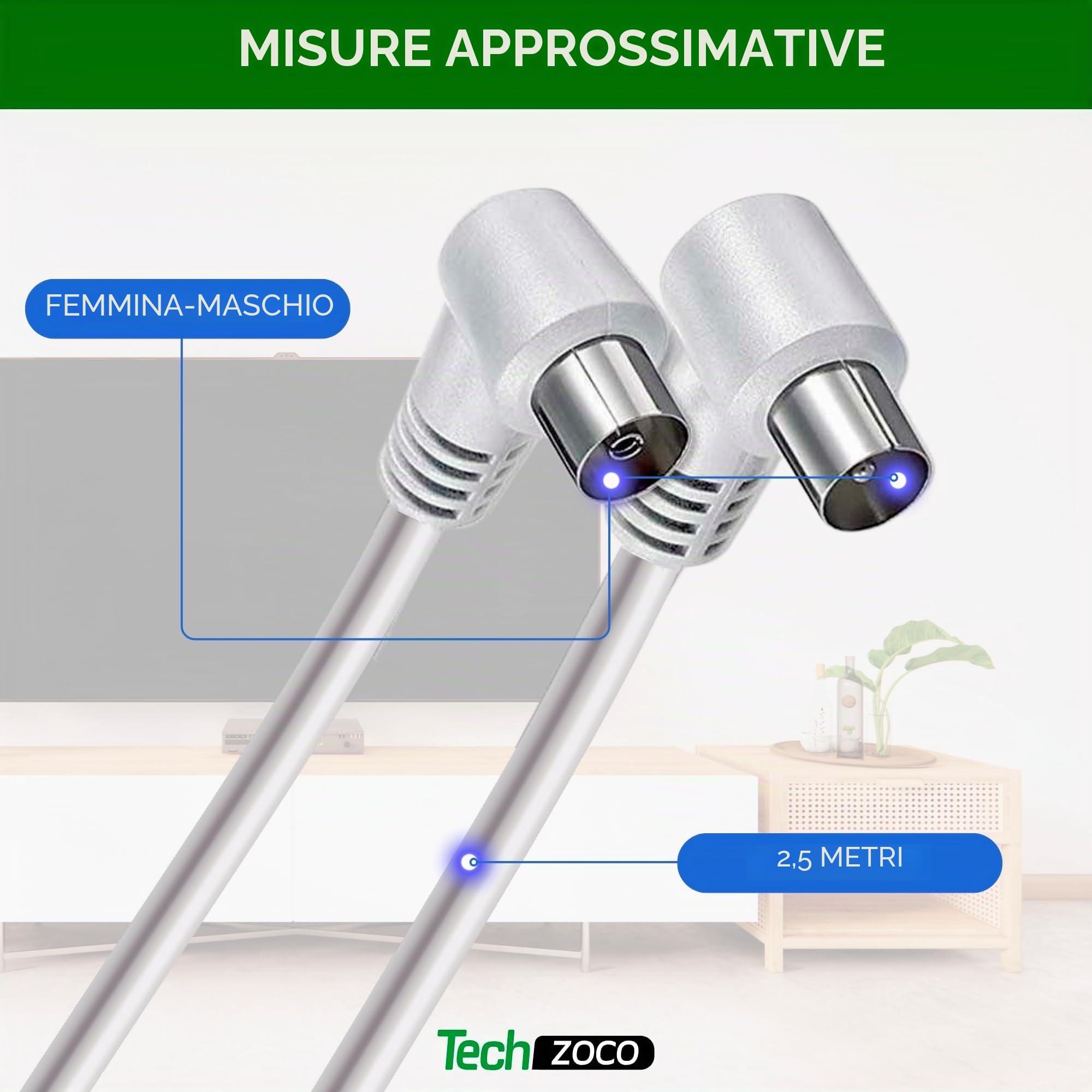 TECHZOCO Cavo antenna TV maschio femmina, coassiale 90°, per TV e decoder, 70dB, HDTV, DVB-T2/C/S, 75 Ohm, bianco, 2,5 metri