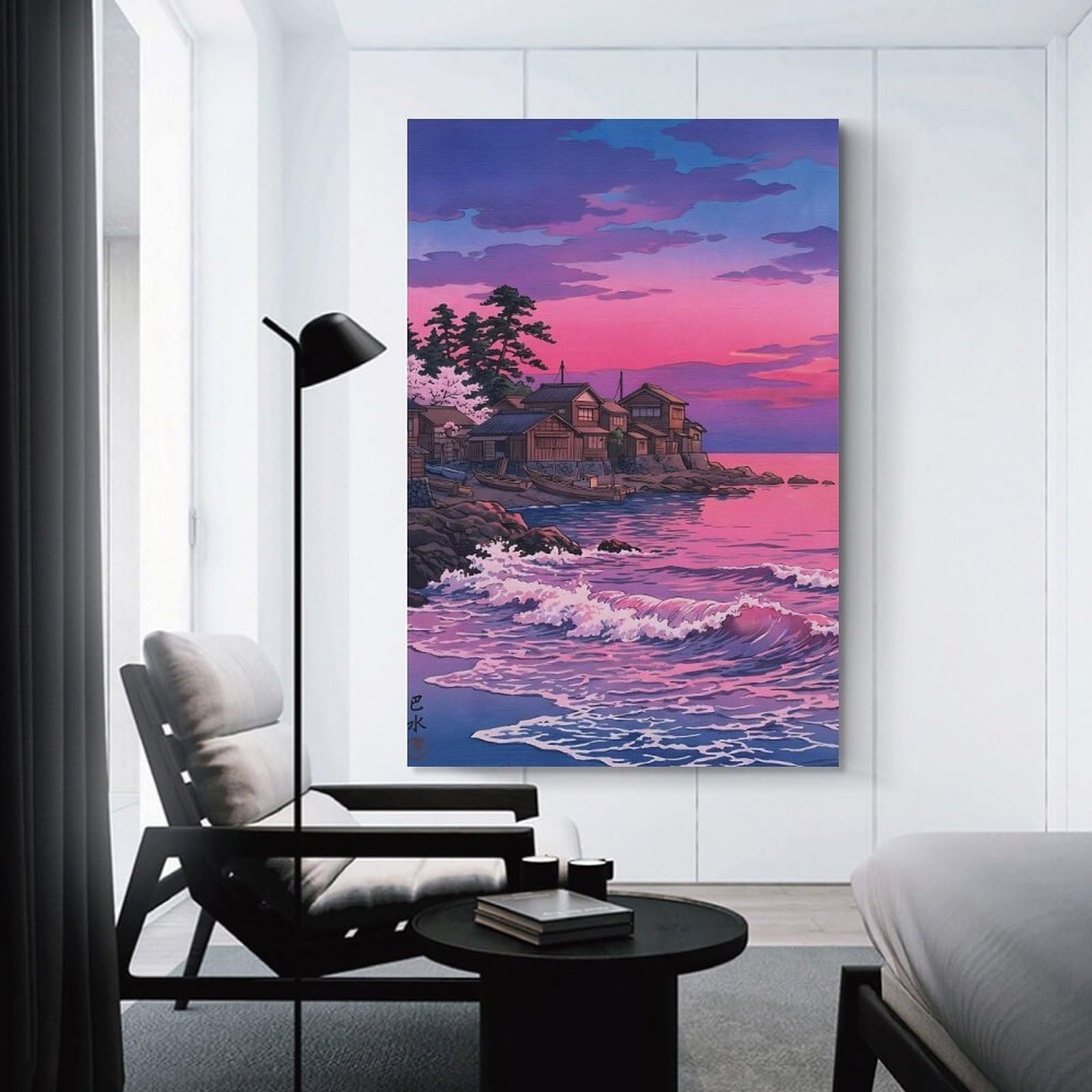 Junmoney Japanese Coastal Village at Sunset Canvas Art Print, 24x36inch(60x90cm), for Restful Interiors, Bedrooms Or Small Rooms, A Warm Accent for Relaxed Interiors