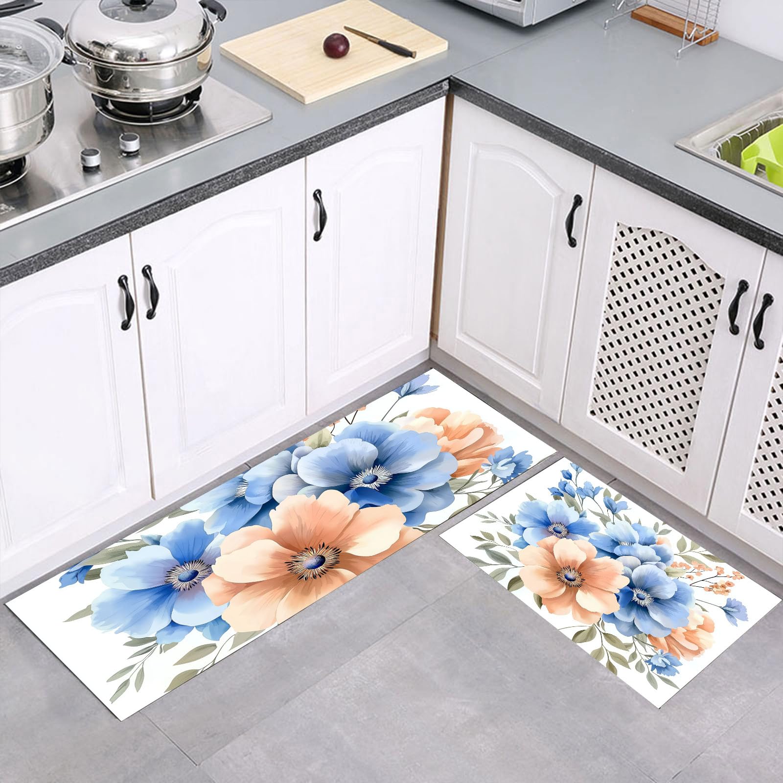 Alfombras de cocina antifatiga que alivian tus piernas con diseño de acuarela azul