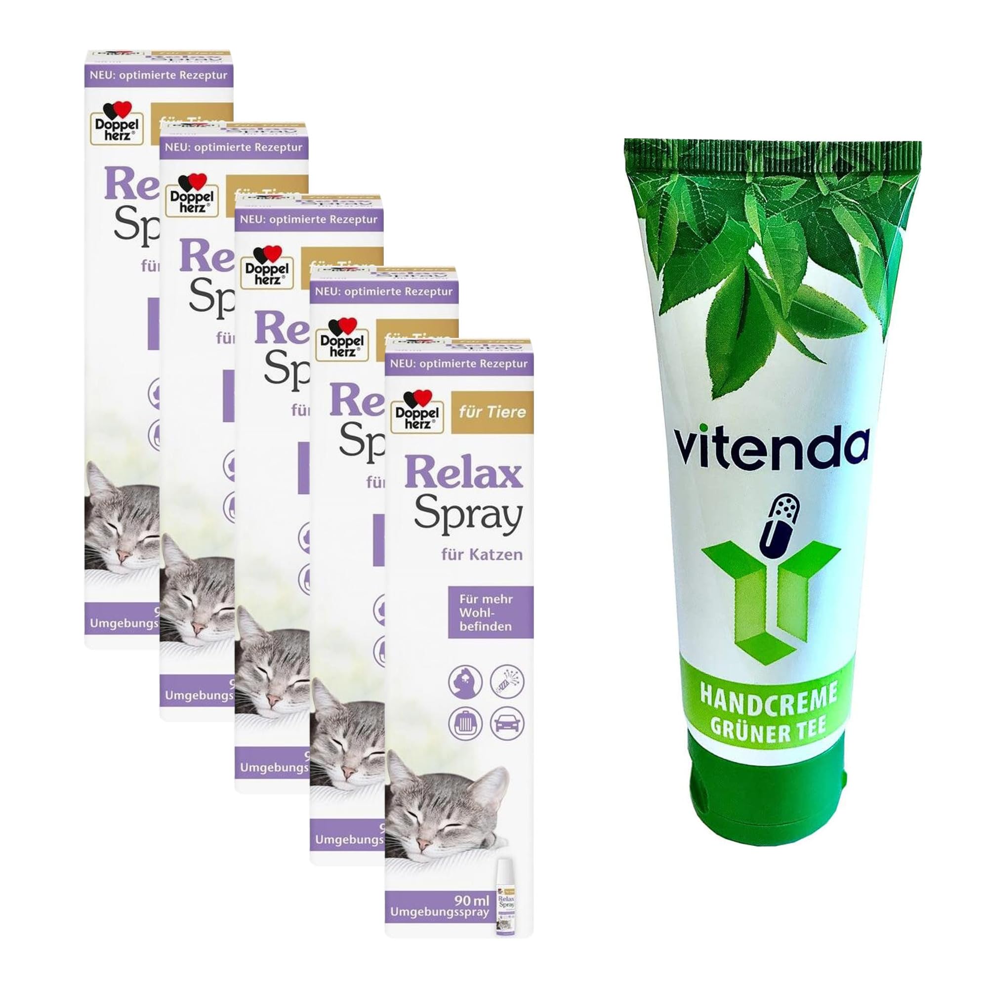 Set: Beruhigungsspray für Katzen mit Doppelherz, Pheromone & Baldrian, für stressige Situationen, 5x90ml – inkl. vitenda Handcreme