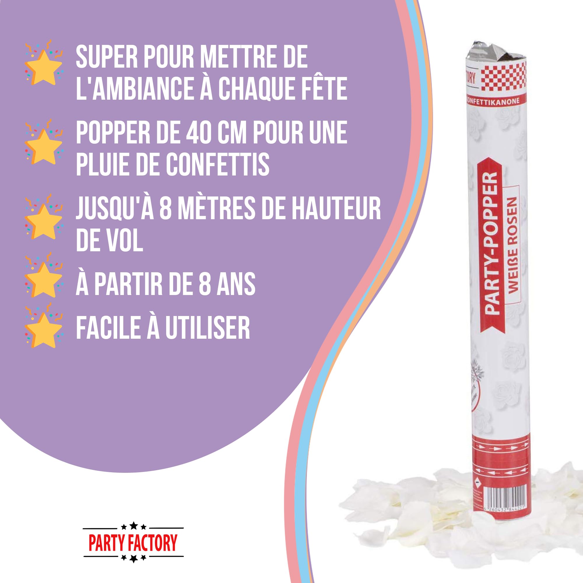 Party Factory Set de 10 Party Popper, 40 cm, confettis Roses Blancs, jusqu'à 8 m de Hauteur d'effet, Pluie de confettis pour Mariage, Saint-Valentin ou Anniversaire
