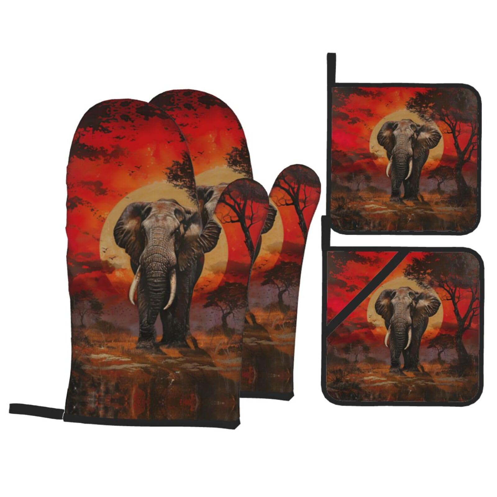 Elephant Sunset Print Stylish 4-Piece Microwaving Oven Waterproof Kitchen Gloves Baking Holiday Cooking