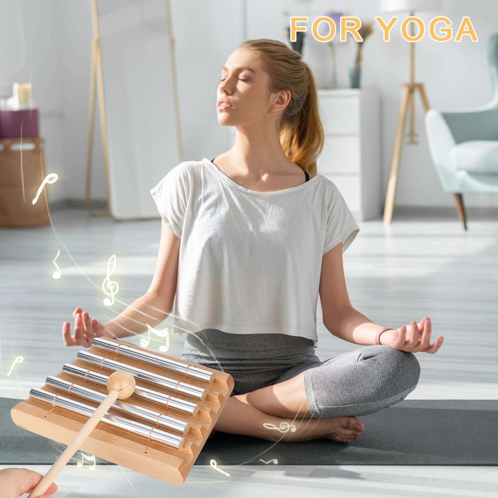 Energy - Bacchetta sonora Chime con 5 bacchette sonore, in legno e alluminio con bacchetta, strumento a percussione per la scuola, per l'educazione musicale precoce, yoga, meditazione, Geb