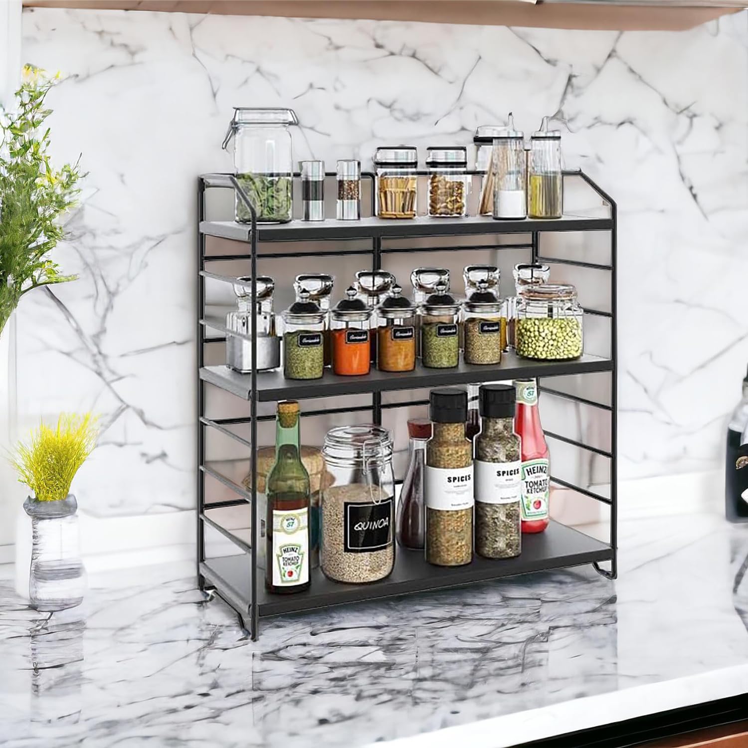 Ayarlanabilir Raflı 40cm Baharatlık, Organizer, Düzenleyizi Tezgahüstü Banyo, Mutfak, Ofis Model-1 (Siyah)