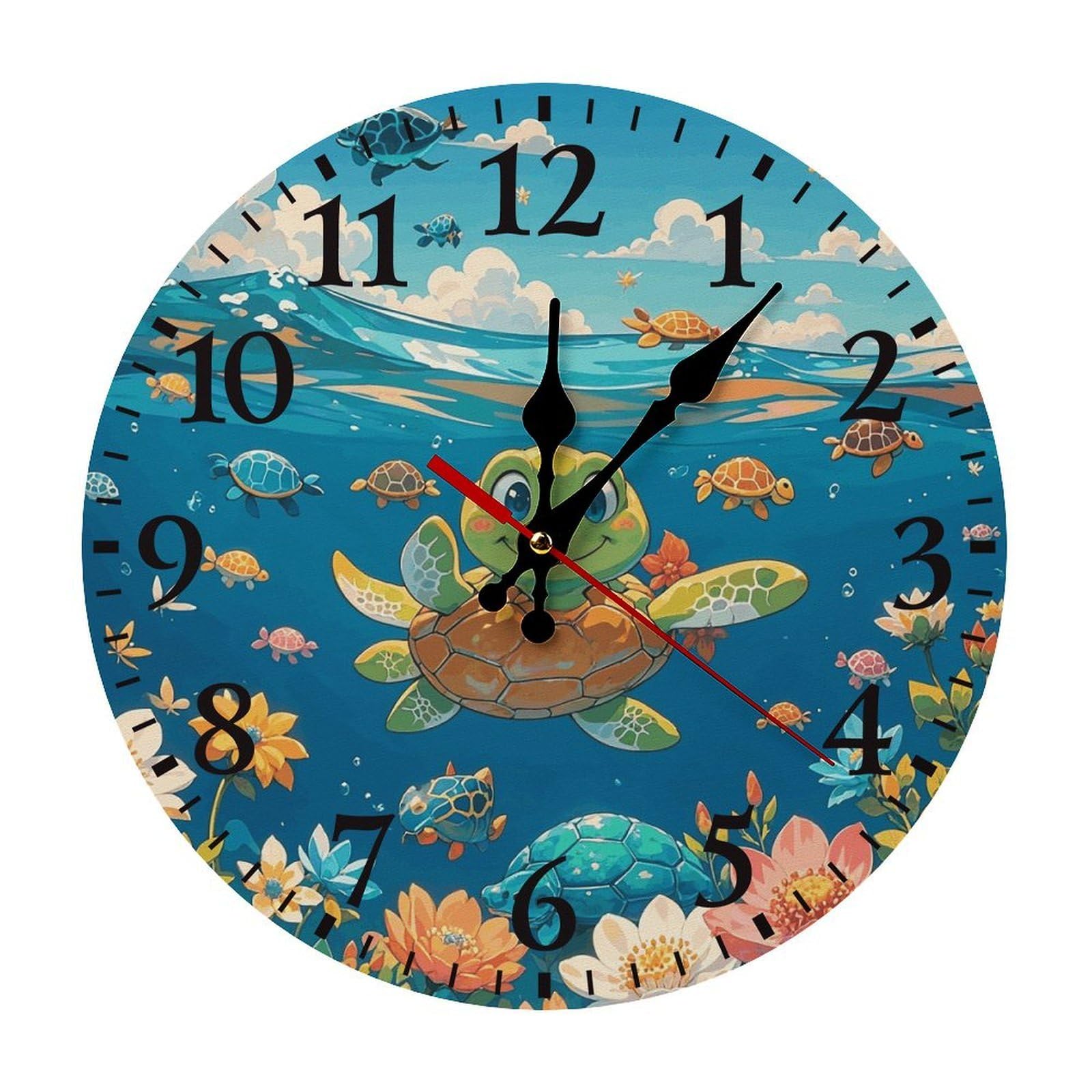 QMNLKH Turtle Wall Clock for Home, Battery Operated Clock for Hotel, Round Wall Clock with Arabic Numerals Black, Easy to Read, Non-Ticking Clocks for Living Room 30 * 30cm