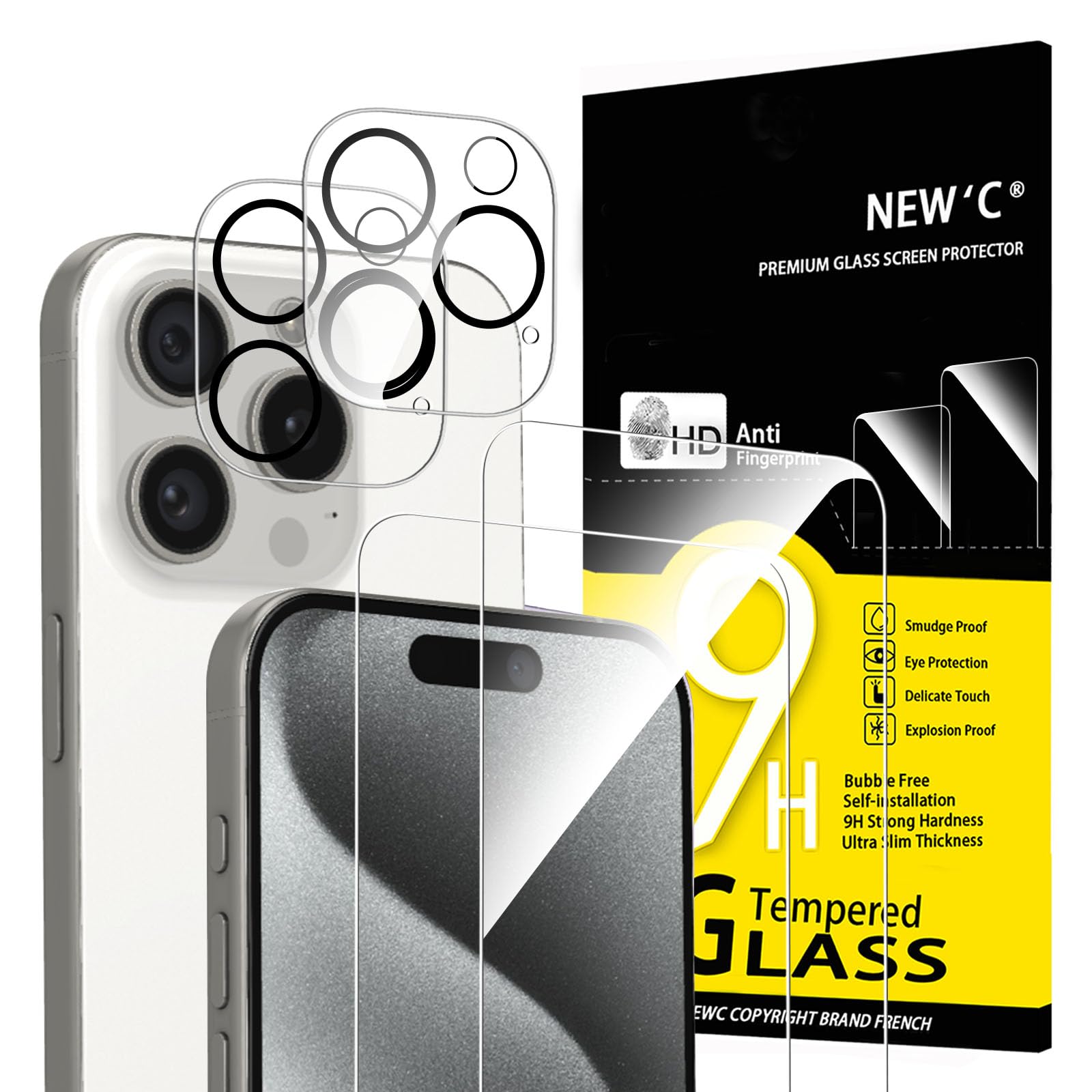 NEW'C 4 Pack, 2 Pack for iPhone 15 Pro Screen Protector (6.1 inch) + 2 Pack Camera Lens Protector, Sensor Protection,Case Friendly Tempered Glass FilmClimatePartner certified