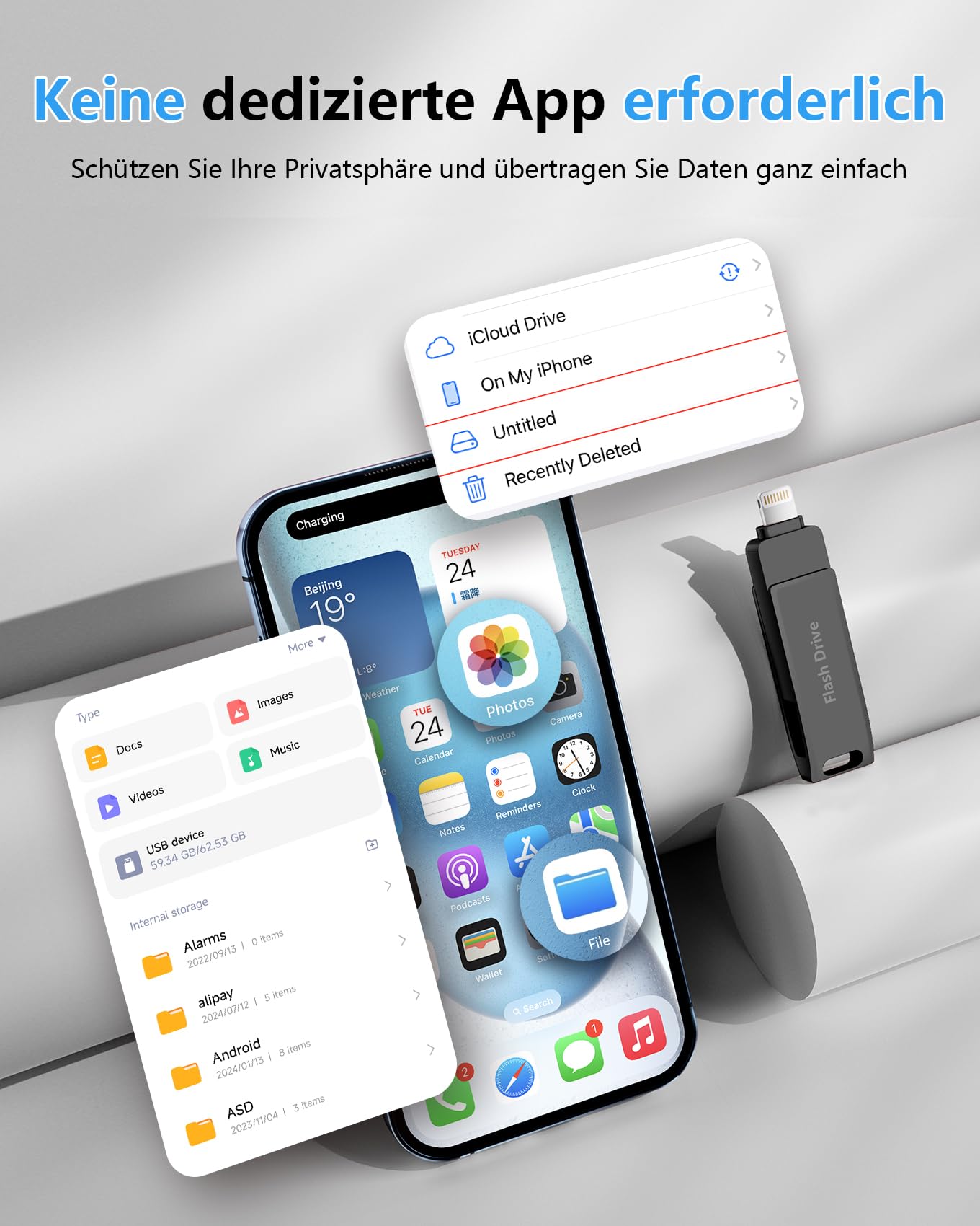 [Ohne App] USB Stick 512GB für iPhone MFi-zertifizierter, Lncnnk 3 in 1 Flash-Laufwerk, Lightning USB 3.0 Speicherstick Fotostick, USB C Stick für iPhone/iPad/OTG Android Handy/Mac/PC,Schwarz - 4