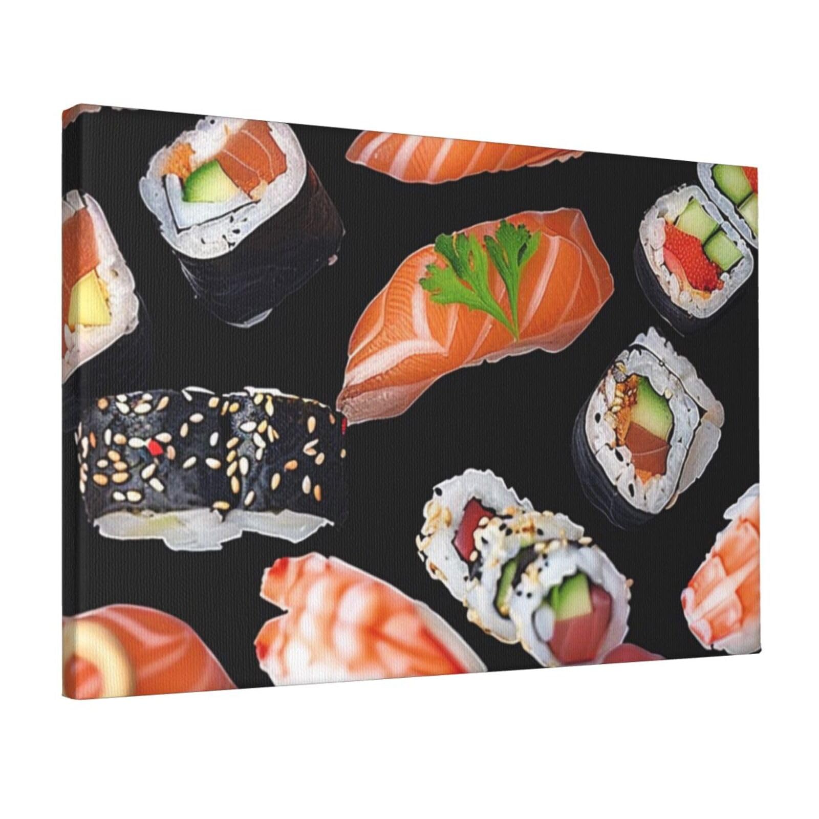 YKLJG Japanese Sushi Black Printed Wall Art Canvas Prints 45x30 CM Wooden Framed Picture Painting Artwork for Bedroom Kitchen Home Office Decor