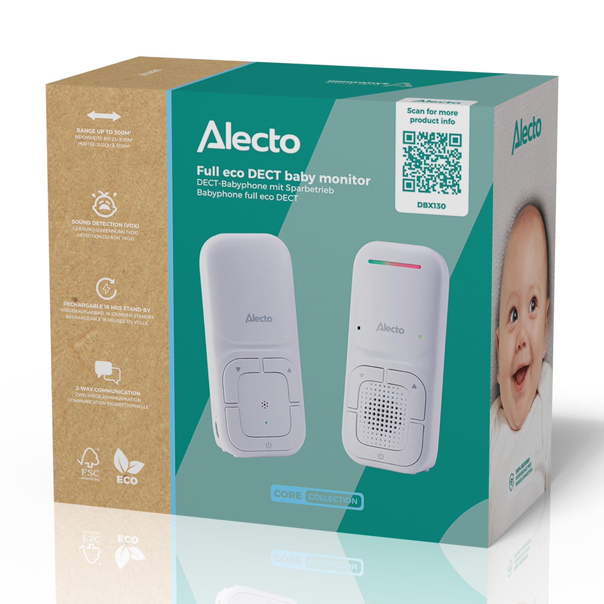 Alecto DBX130 DECT niania audio - tryb Full Eco, funkcja VOX, 100% bezproblemowe połączenie, zasięg 300 m, wskaźnik koloru LED, funkcja interkomu, nowoczesne wzornictwo, długi czas pracy baterii
