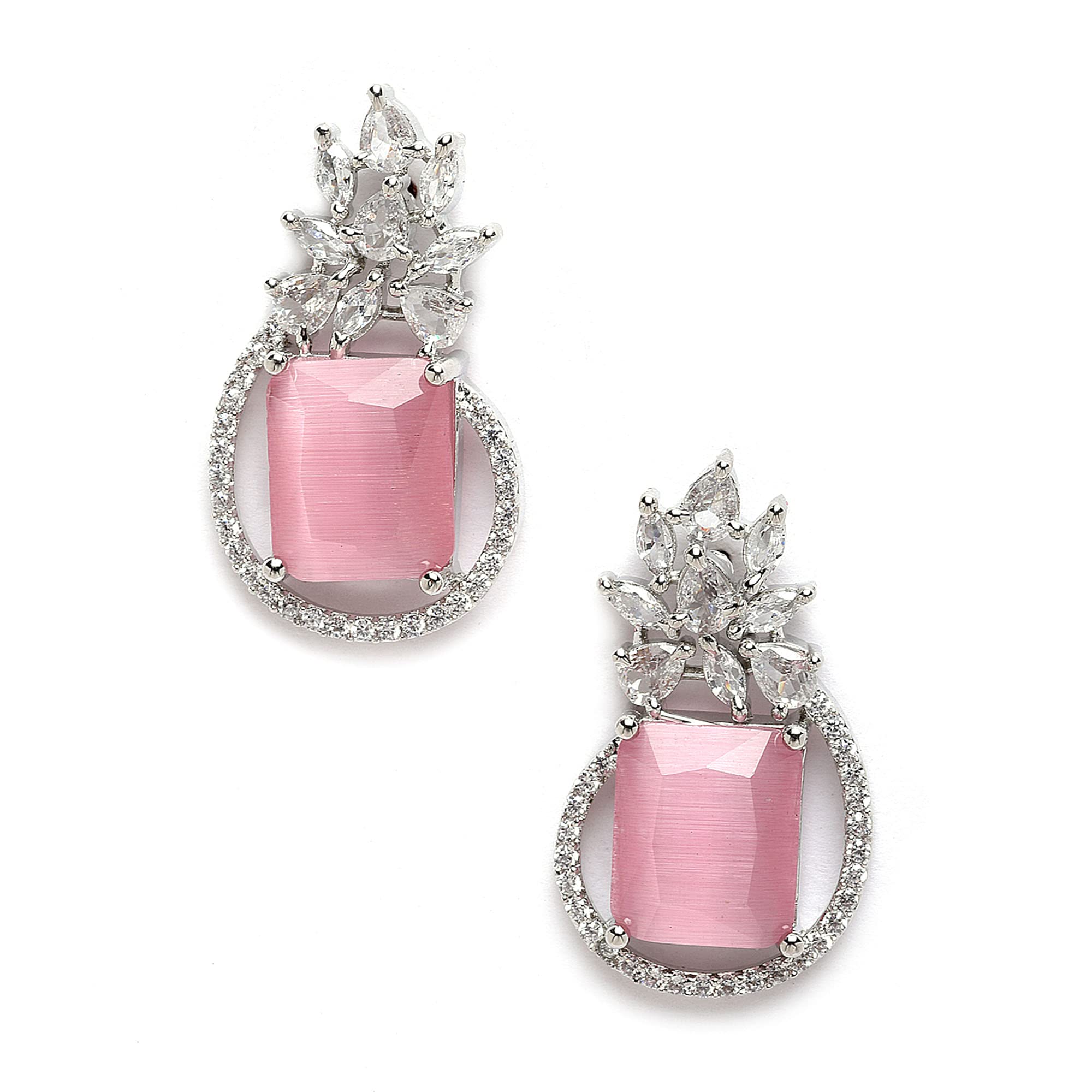 ZENEME Oxidised Silver-Plated American Diamond studded Paisley Shaped Studs Earrings (Pink), Medium, Brass, American Diamond