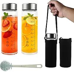 Pacote com 2 garrafas de água de suco de vidro de 590 ml, garrafas de água de vidro de boca larga com tampas e manga, para sucos, vitaminas, leite, proteínas, reutilizáveis, à prova de