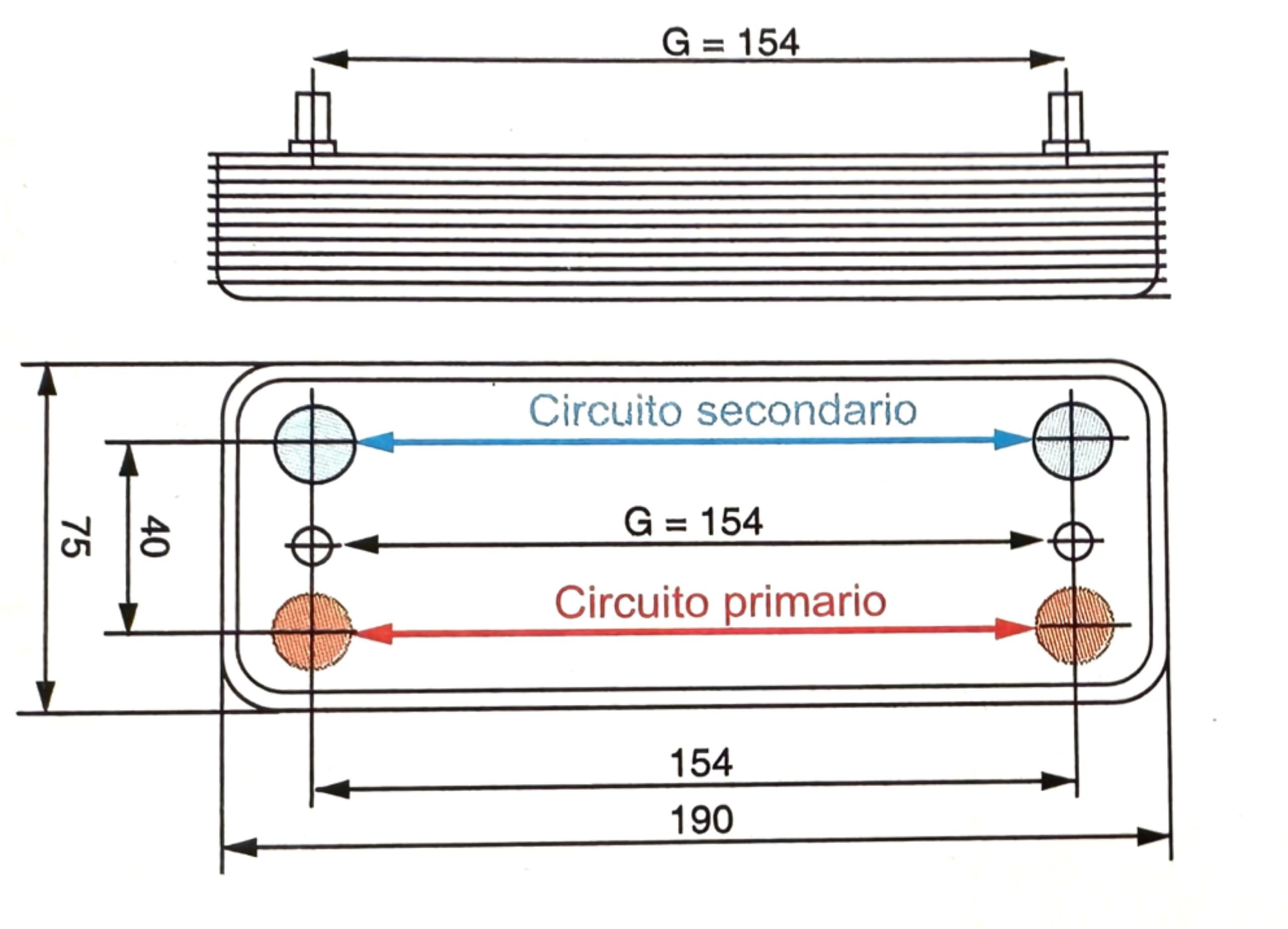 Scambiatore a Piastre 190 x 75 mm Interasse 154 mm per Caldaie Immergas Mini Eolo KW 1^ Serie 1.022220/1.022221 - Arca Pixel - Radiant - Buderus - Fontecal - Thermital R107058 (16 Piastre)