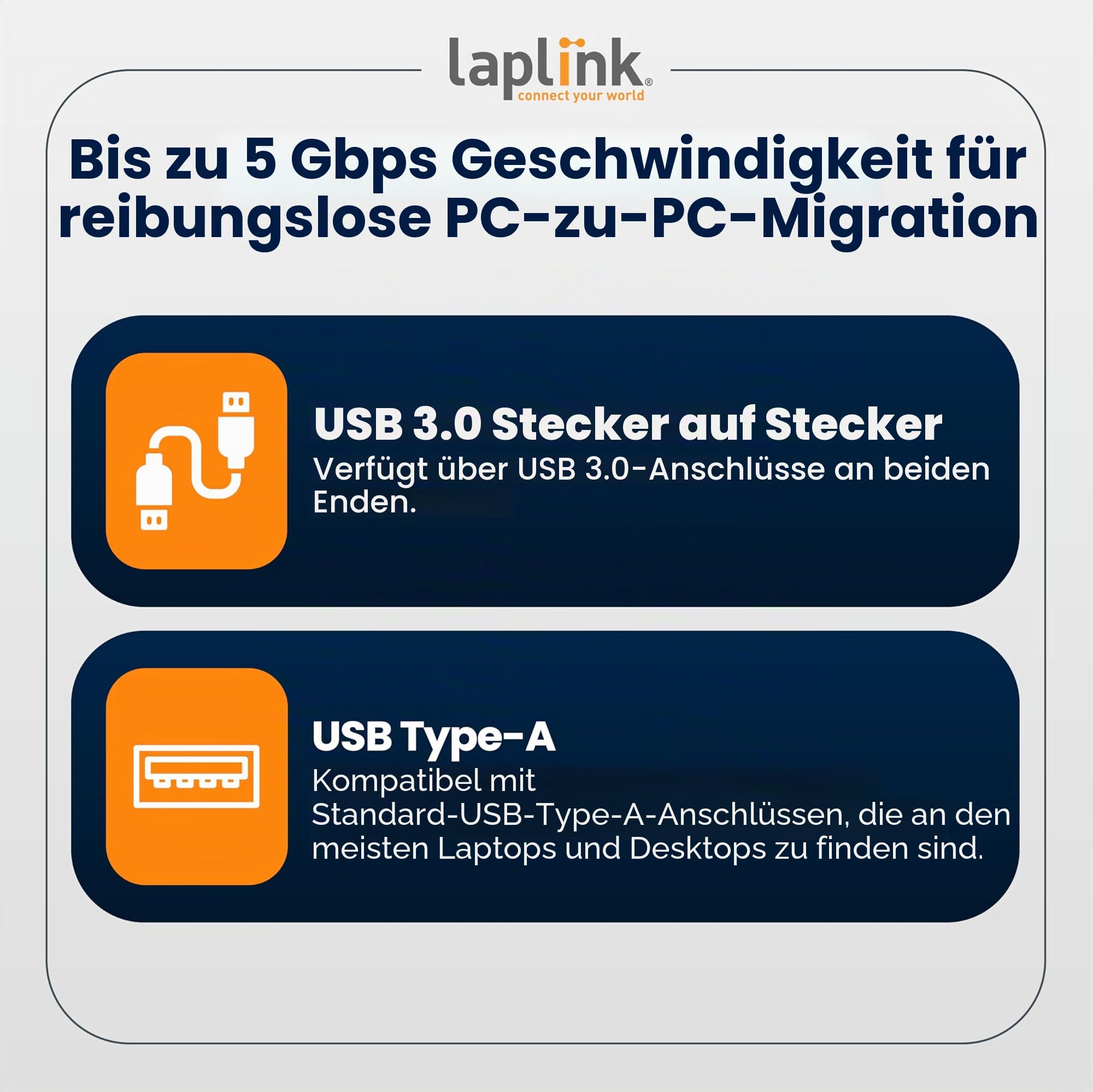 LAPLINK USB 3.0 Super Speed Kabel – 5 Gbit Transferkabel für PCmover, 5.000 Mbit USB 3.0 Kabel, Datenkabel, USB Port, Typ A Stecker, 1.80 m - 1 STK