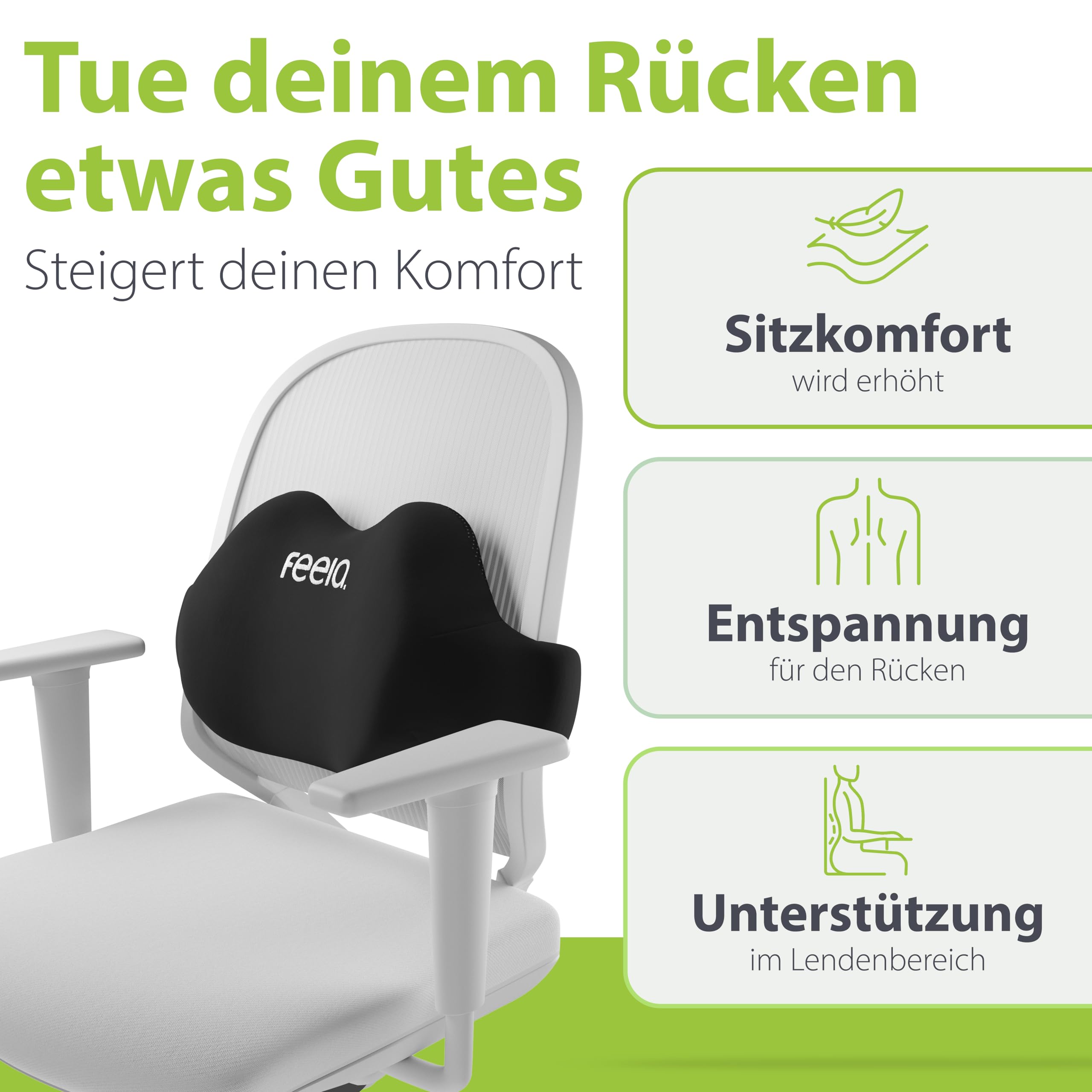 feela.® Ergonomisches Rückenkissen für Bürostuhl & Home-Office – Lendenkissen zur Haltungsverbesserung, Lendenwirbelkissen gegen Schmerzen beim Sitzen (Schwarz)