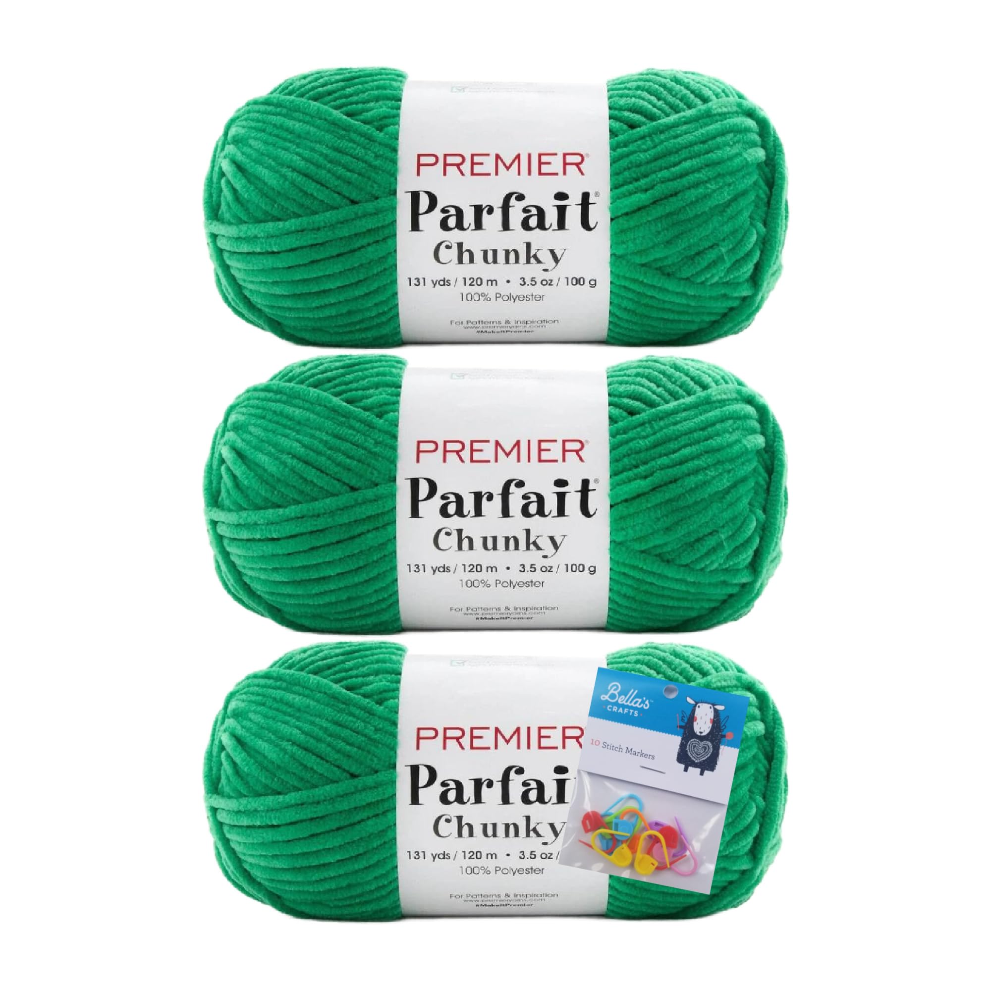 Premier Yarns Parfait Chunky Chenille Crochet Knitting 3.5 Oz 6 Super Bulky Weight 3 Pack Bundle with Bella's Stitch Place Holders (Seaweed Salad) โ image 1