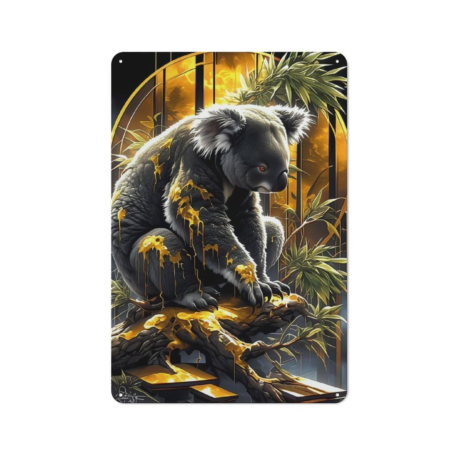 Junmoney Golden Bonsai Koala Industrial-Style Metal Plaque 30X20cm For Workshop Wall, For Vintage Wall Decor Fans, For Themed Room Decoration