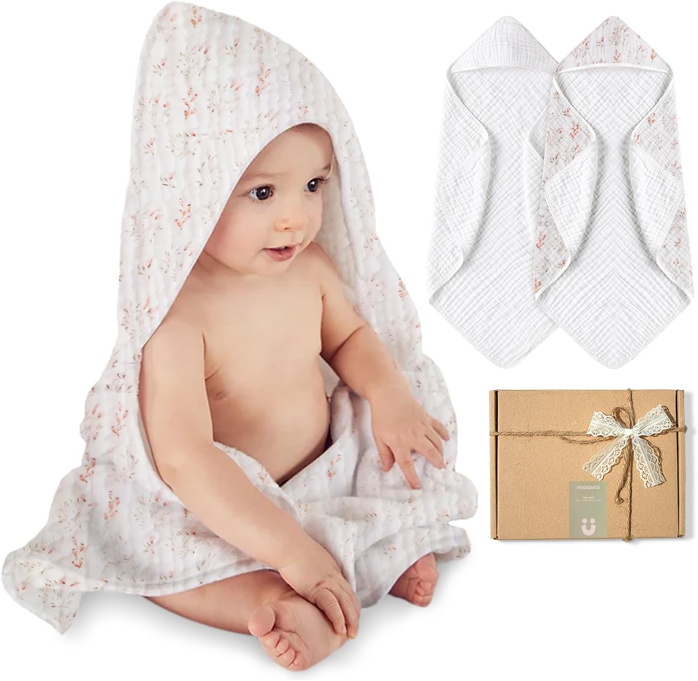 2Pack Muslin Hooded Baby Towels Girls & Boys, 100% Cotton Baby Towels for Newborn, Toddler & Infant, Soft and Absorbent Baby Bath Towels Hooded, Baby Bath Essentials, Oeko-Tex (Pink, Floral,31"x31")