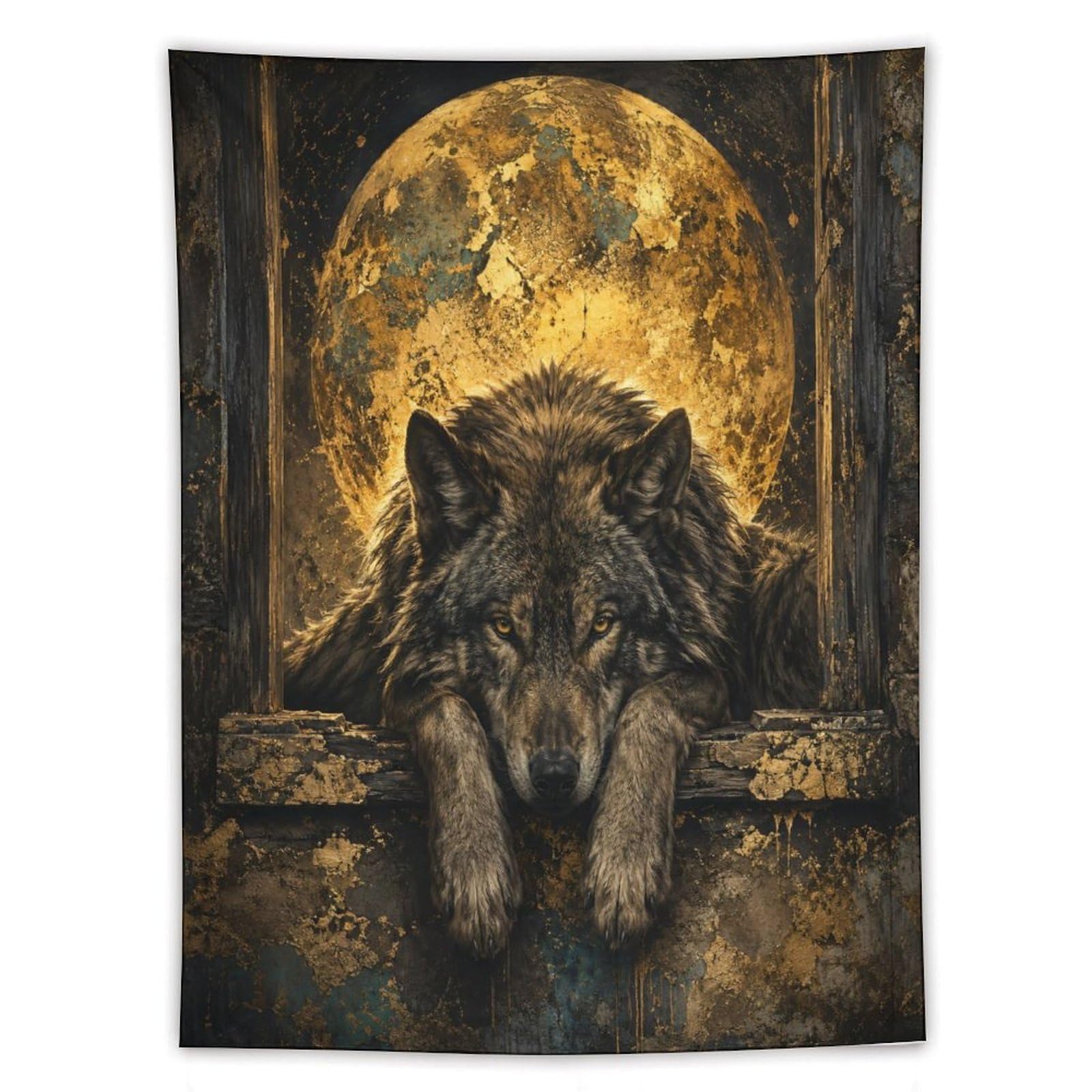 H3B8U2Y5 Black Wolf Golden Moon Wall Tapestry, Realistic Illustration Style