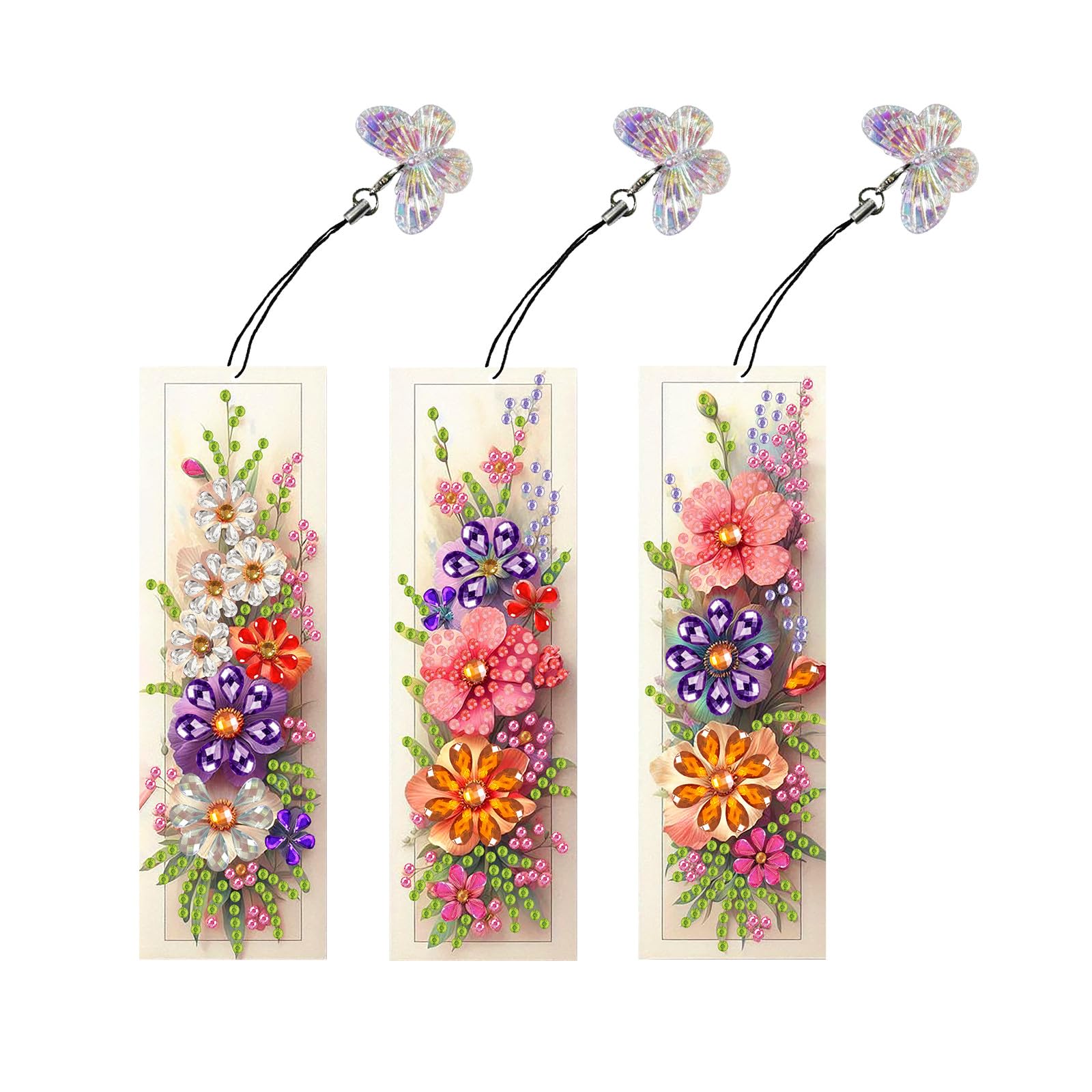 Lebartm 3Pcs DIY Diamond Art Painting Bookmarks with Colorful Butterfly Pendant PET Bookmark Ornament Double Sided Pattern Single Sided Diamond Book Marker Clip Gifts Tags-Flowers07