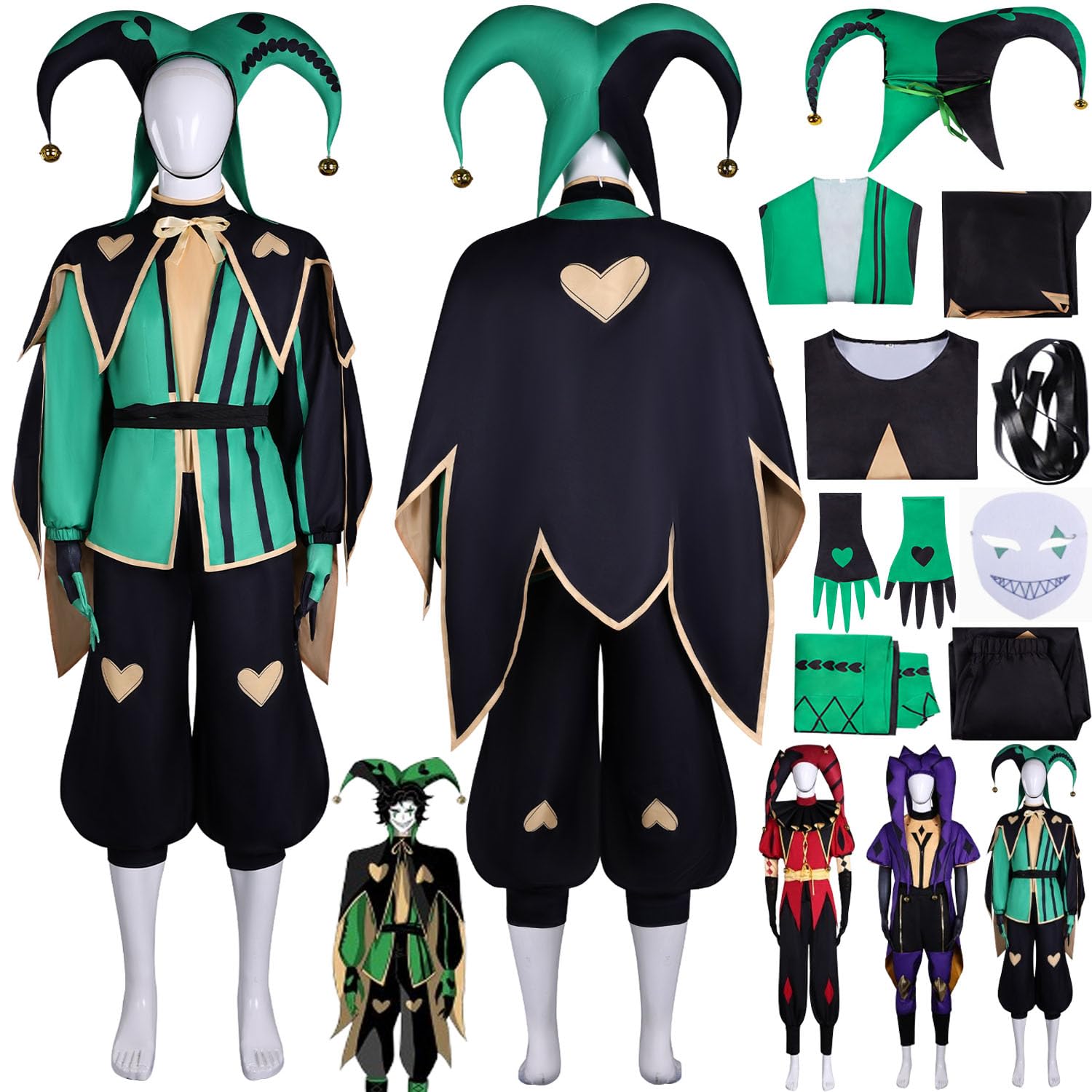 bbganlian Game Character Harlequin Cosplay Costume Outfit Pierrot Jester Role Play Uniform Full Set Halloween Carnival Party Dress Up Suit with Hat Mask for Men (XL)