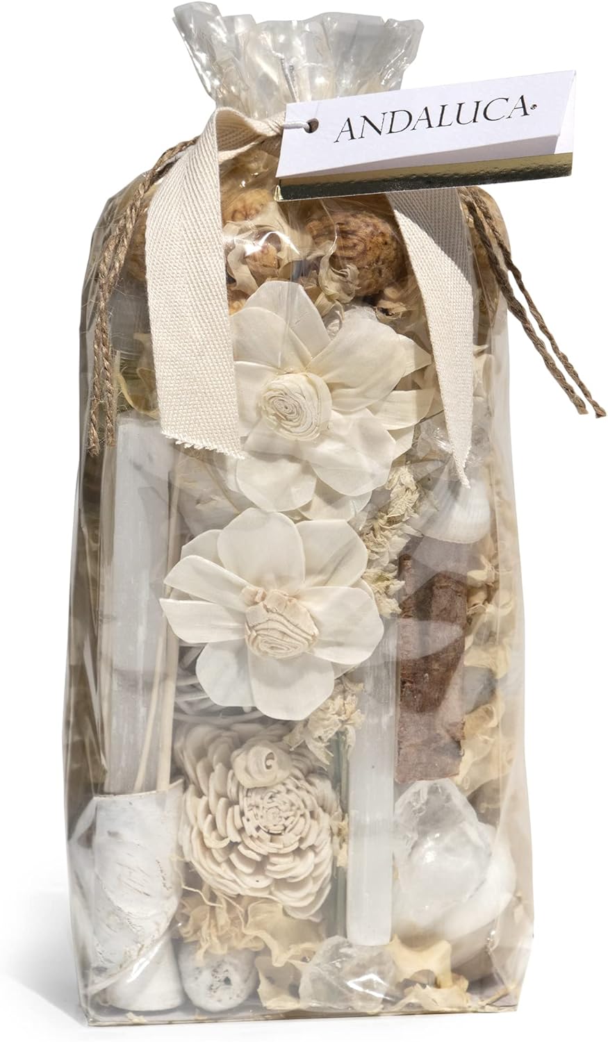 ANDALUCA 20 oz Botanical Crystal Potpourri Bag & Fragrance Vial Included Selenite Crystals, Scented (White Selenite Sandalwood)