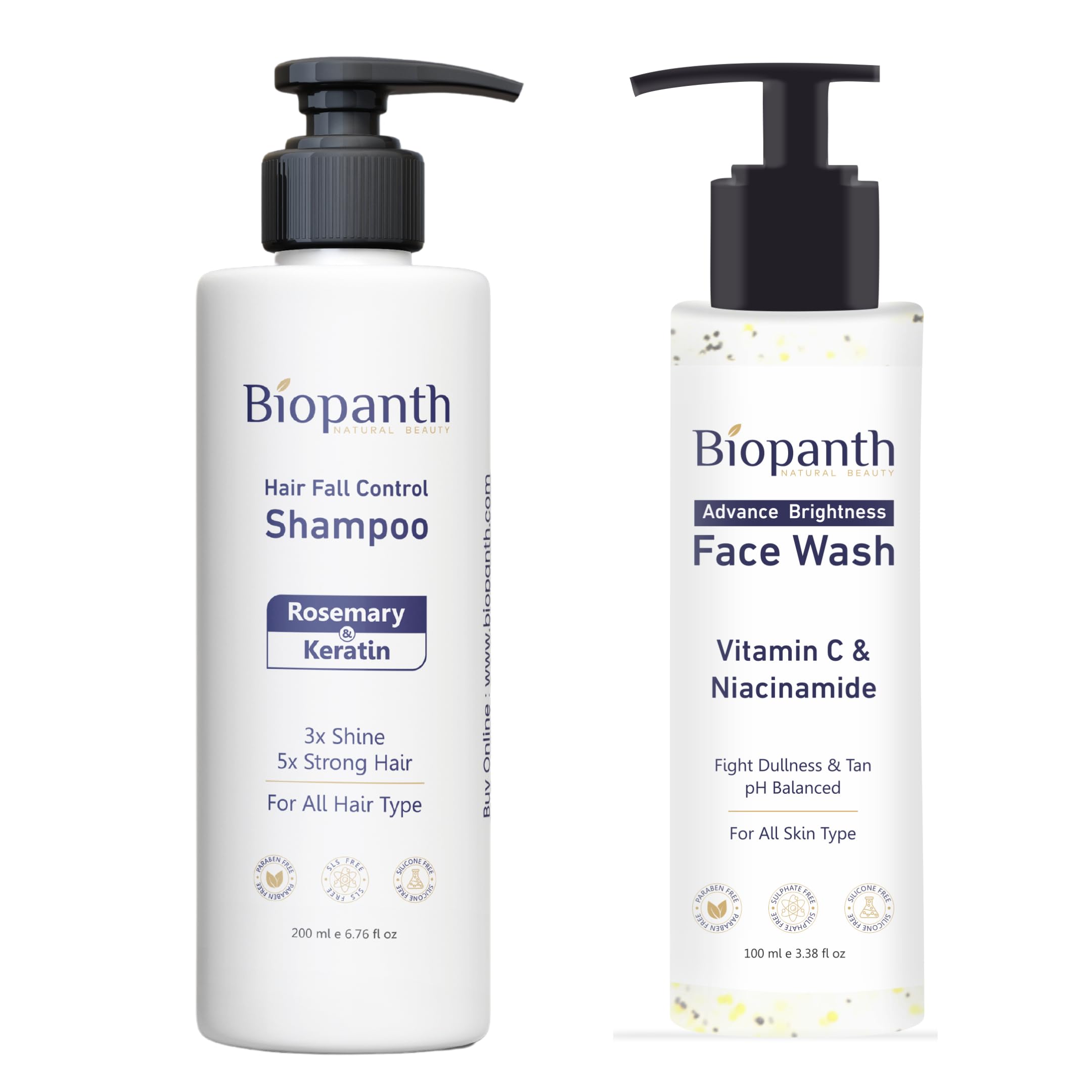 Biopanth Hair Fall Control Shampoo Rosemary & Keratin 200ml & Advanced Brightness Vitamin C & Niacinamide Face Wash 100ml Combo (Shampoo + Face Wash)
