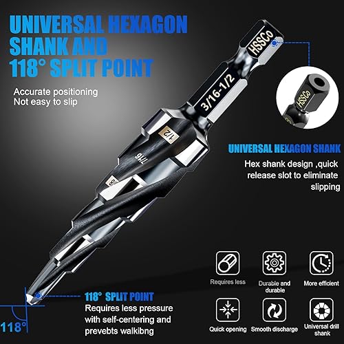 Miniatura 3 de M35 - Juego de brocas de cuatro pasos de flauta en espiral, 18"-78" (3 unidades), vástago hexagonal de 14 de pulgada, broca escalonada de cobalto