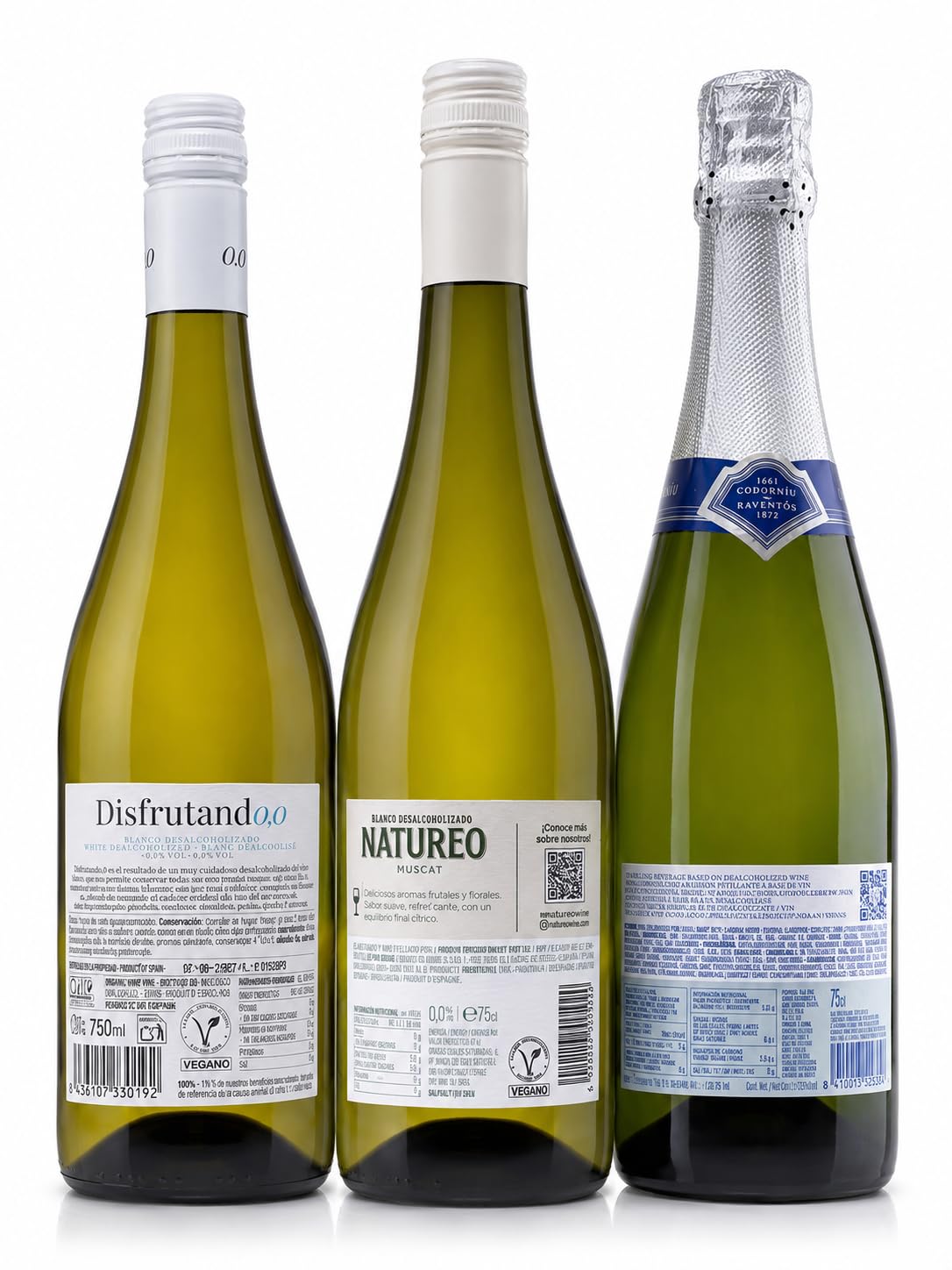 Pack Degustación Sin Alcohol Premium – Codorníu Zero + Natureo Muscat 0,0 + Disfrutando 0,0 Verdejo | Selección de Vino Blanco y Espumoso Sin Alcohol | Pack 3 Botellas -MYSECRETWINE-