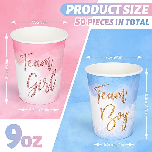 Miniatura 2 de Whaline 50 vasos de papel para fiesta de revelación de género, color rosa, azul, equipo niña, niño, revelación de género, tazas desechables para