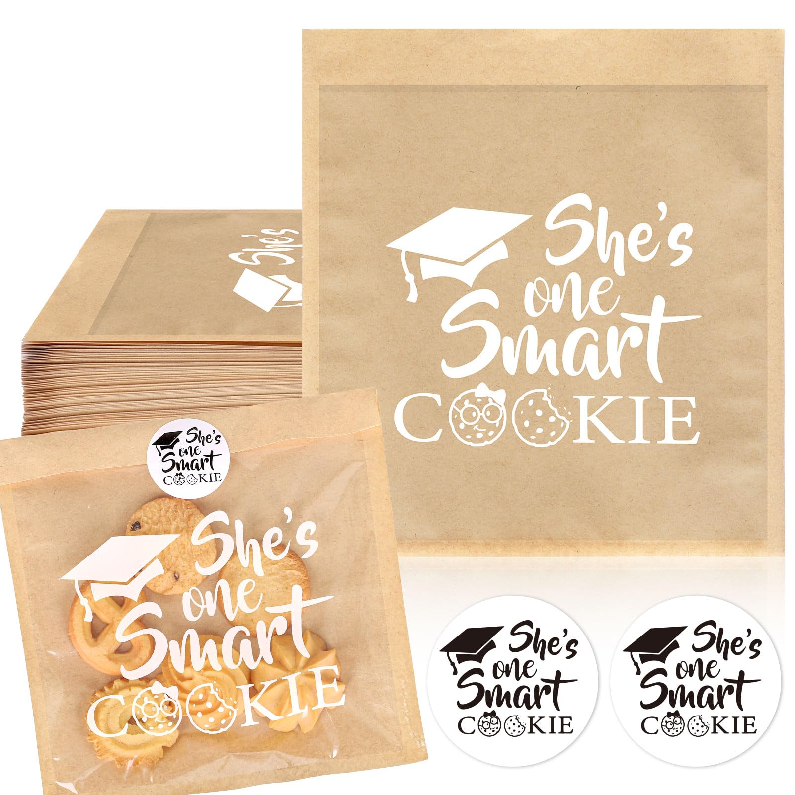 FYSUIMU 100Pcs She's One Smart Cookie Bread Bakery Bag with Window Grad Graduation Cookie Treat Bags with Stickers Kraft Paper Buffet Bags for School Party Supplies