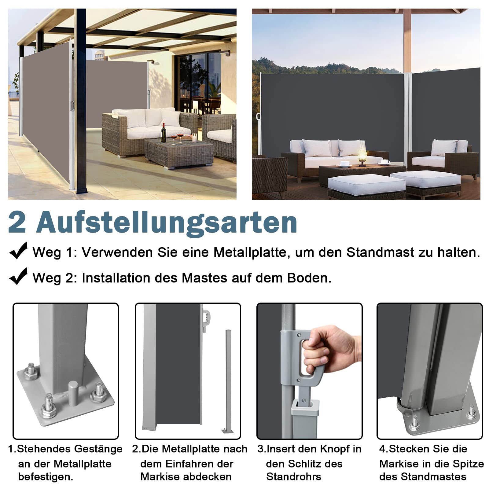 Herrselsam Store latéral Double, 160x600cm Extractible Brise-Vue Pare-Soleil, Protection Solaire, Brise-Vent, Vertical pour Jardin, Balcon, Terrasse, Gris