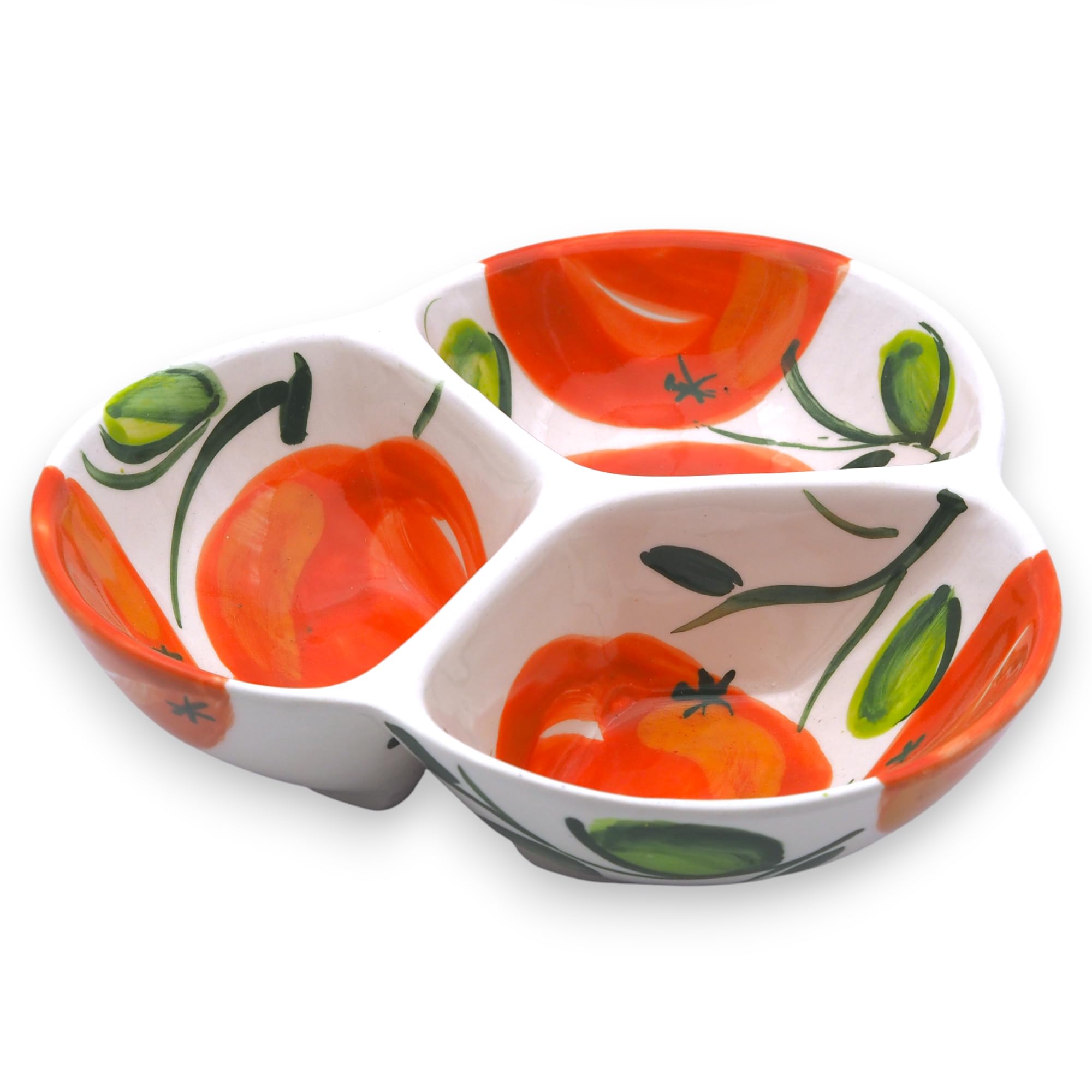Ceramic Chip & Dip Bowl 7.5”, 3-Compartment Divided Serving Dish & Condiment Tray for Appetizers – Handmade in Spain, Lead-Free Glaze, Microwave, Oven & Dishwasher Safe