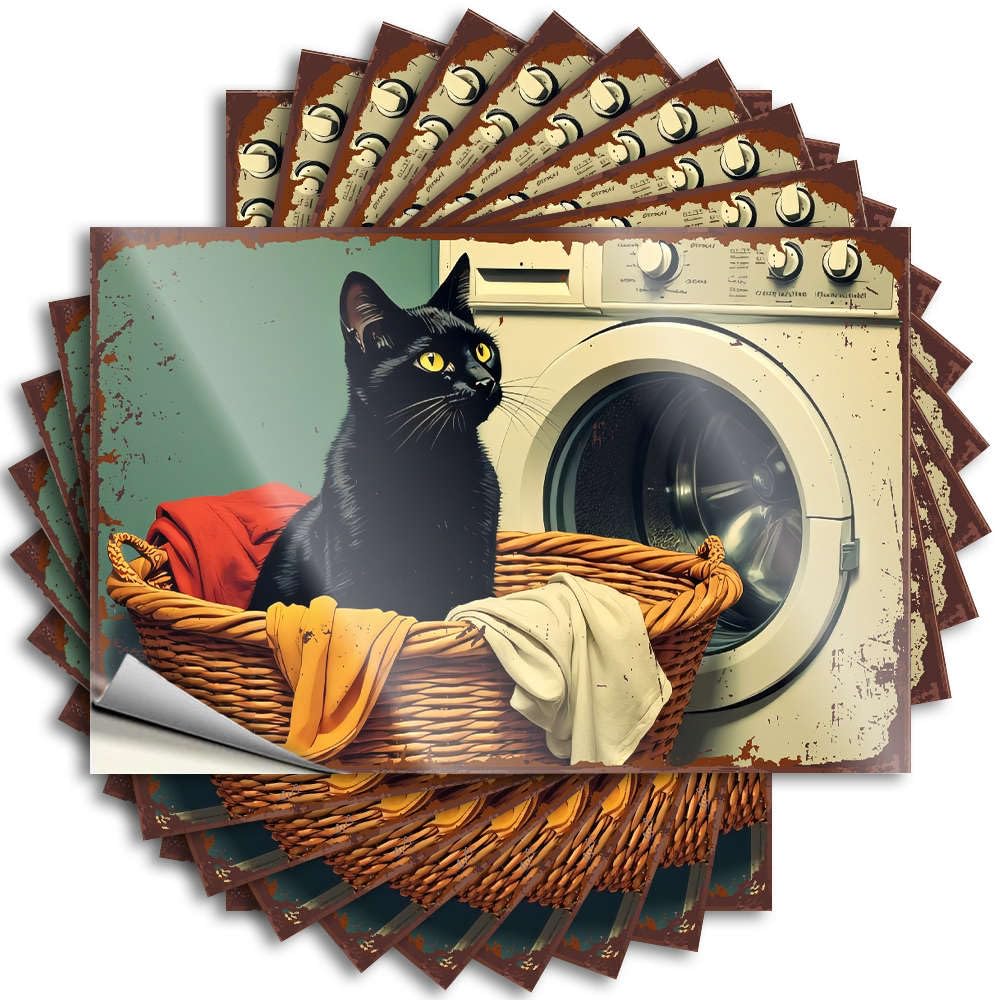 Decals Cool Room Decorations Military Crazy Tumbler A Black Cat Sits in A Laundry Basket. - Scratch Resistant Stickers(12X18CM)