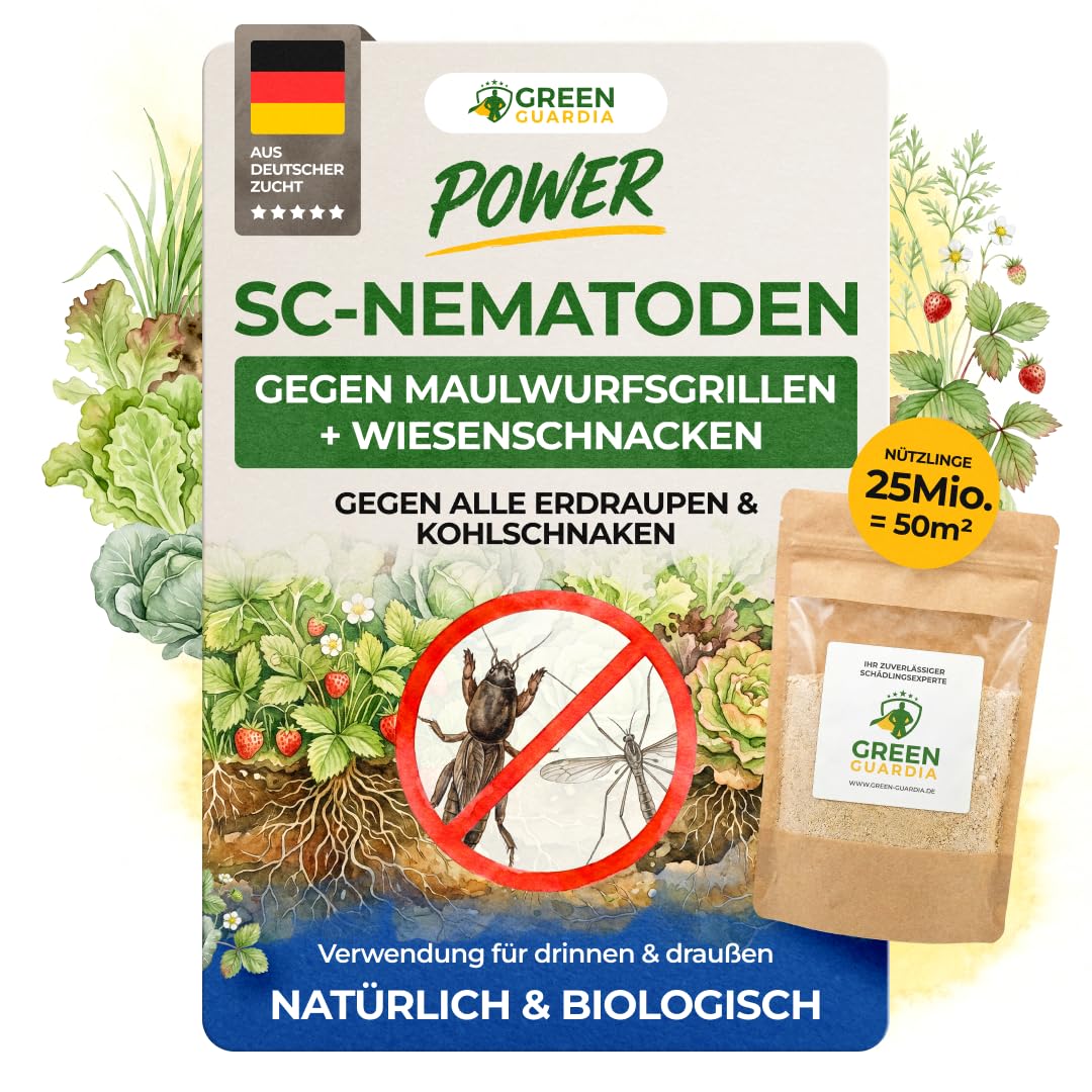 GREEN GUARDIA Super SC-Nematoden gegen Maulwurfsgrillen, Wiesenschnaken und Erdraupen – 25 Mio. (50m²) - Biologisches Mittel zur effektiven Maulwurfsgrillen Bekämpfung, ohne Chemie –
