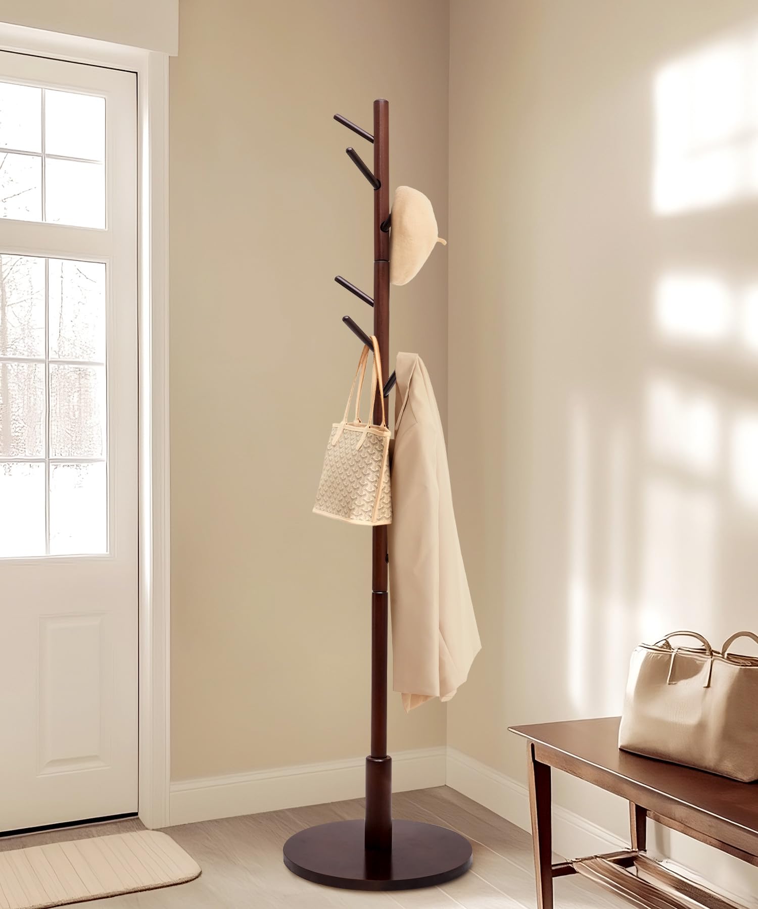 Yorbay Appendiabiti in legno massello di faggio, Appendiabiti a forma di albero con 9 ganci per giacche, cappelli, borse, camera da letto, ufficio, ingresso, 38 x 179 cm, Marrone