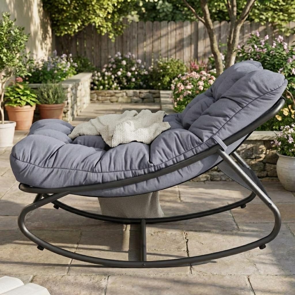 Outdoor Papasan Rocking Chair, Oversized Metal Frame Egg Rocker with Thick Waterproof Cushion, 450 lbs, Comfy Lounge for Patio, Porch, Garden, Living Room, Dark Gray
