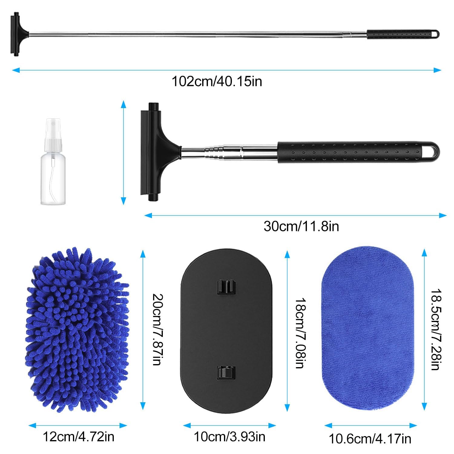Cepillos Limpiacristales para Coches, Limpiaparabrisas Telescópico 3 En 1, RetráCtil hasta 106 cm, con Paño de Microfibra, Apto para Todo Tipo de Carrocerías, Espejos, Cristales (Azul)