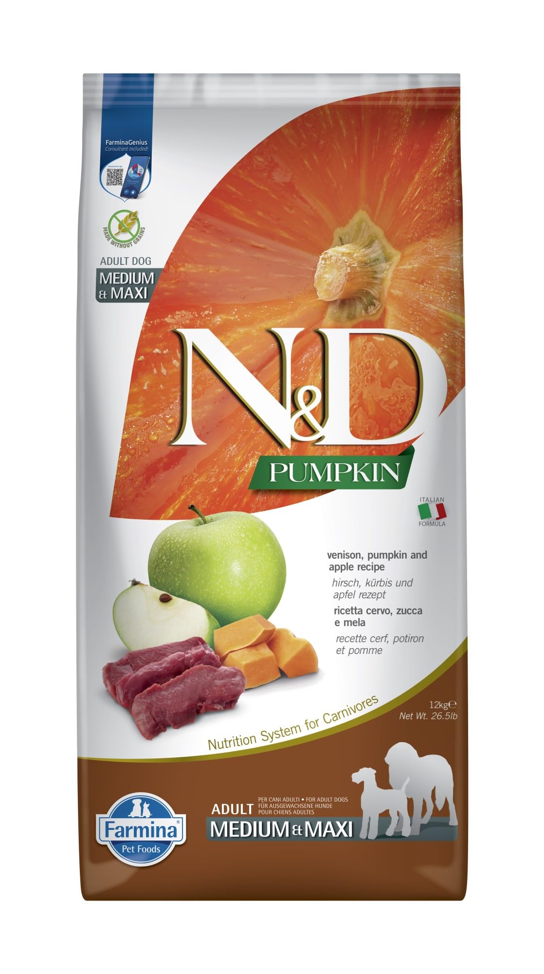 Farmina N&D Pumpkin Adult Medium Pellets Hundefutter (Trockenfutter, mit hochwertigen Vitaminen und natürliche Antioxidantien, ohne Mais, Zutaten: Wildbret, Portionsgröße: 12 kg)