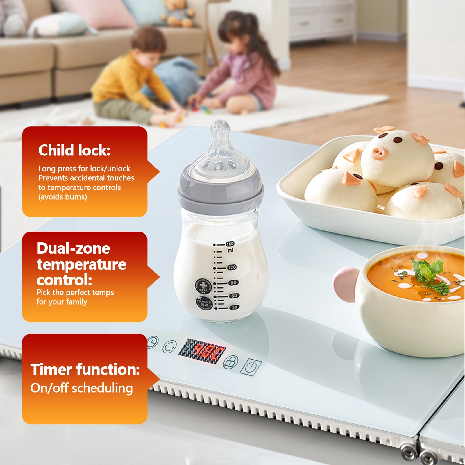 Bandeja calentadora de alimentos de doble zona, placa de calentamiento de escritorio ensamblable con control táctil, bordes resistentes al calor y base aislada, superficie a prueba de manchas para