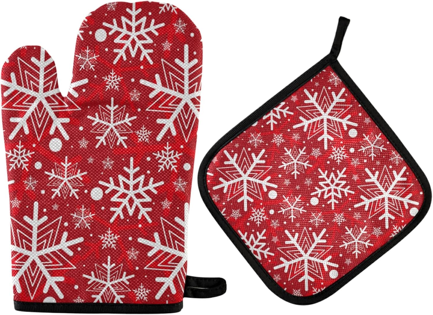 Christmas Snowflakes Oven Mitts and Pot Holders Set Red Hot Winter Snow Hot Pads & Heat Resistant Gloves Oven Mitten for Seasonal Holiday Decor Kitchen Cooking BBQ Baking Bakeware