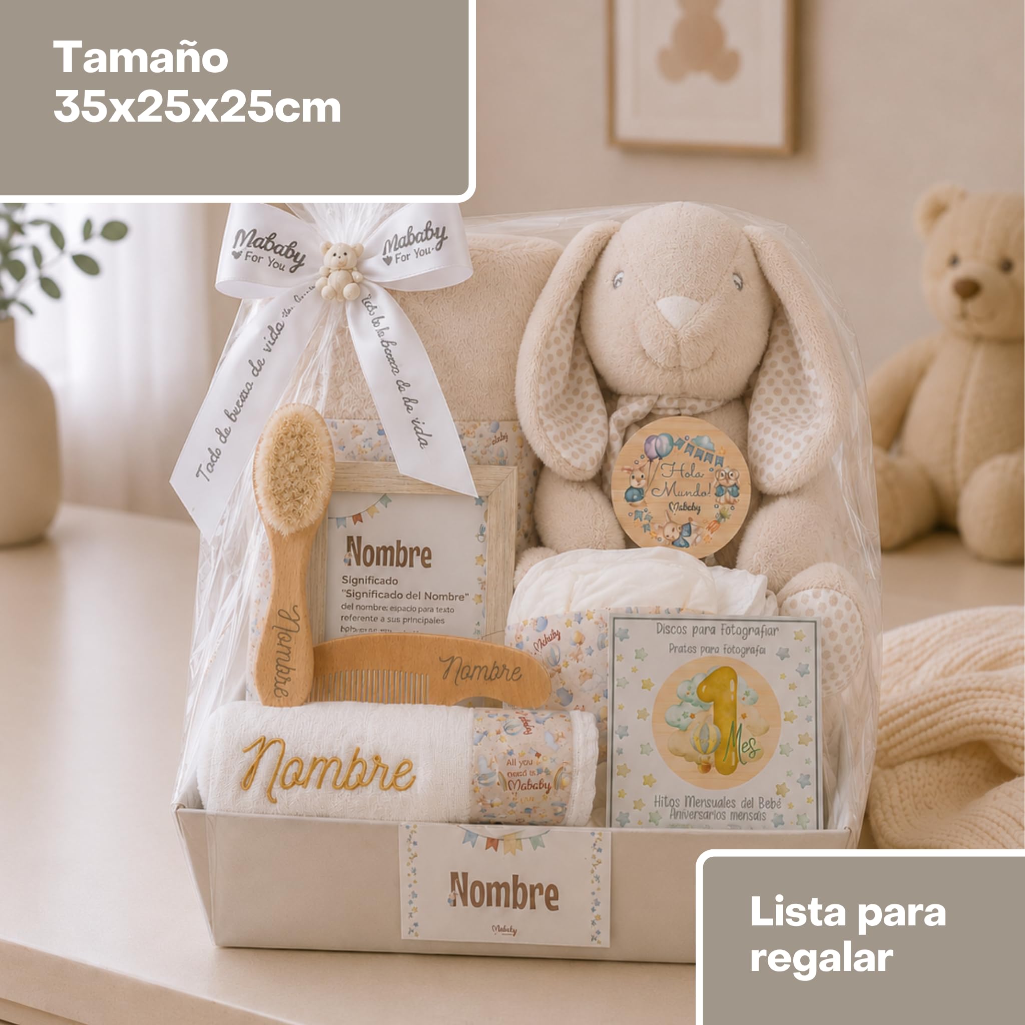 Canastilla Bebé Recién Nacido Personalizada Peluche (Beige) | Canastilla personalizada con manta coralina, peluche conejito, gasa bordada, set cepillo y peine y marco nombre.