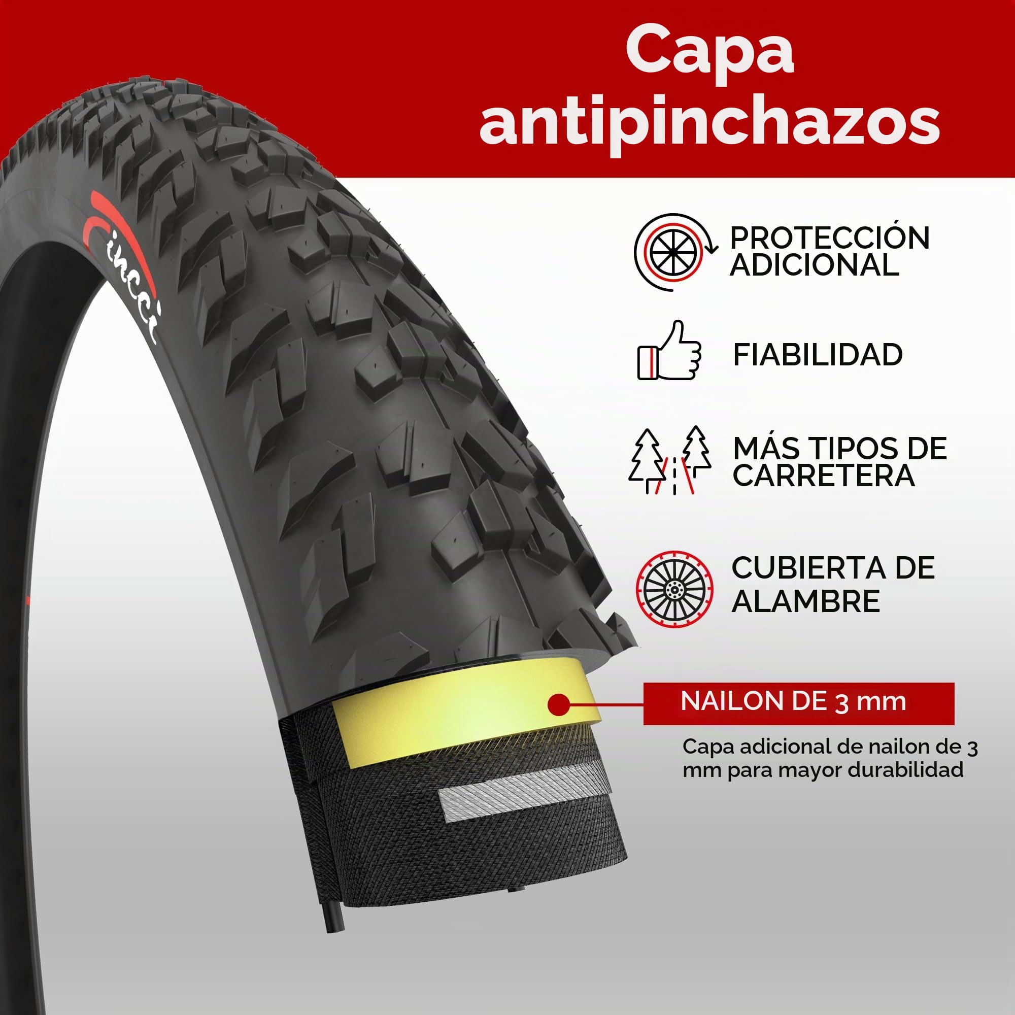 Fincci Cubiertas para MTB 26x1.95 ETRTO 52-559 Plegables Antipinchazos 3mm (Pack 2)