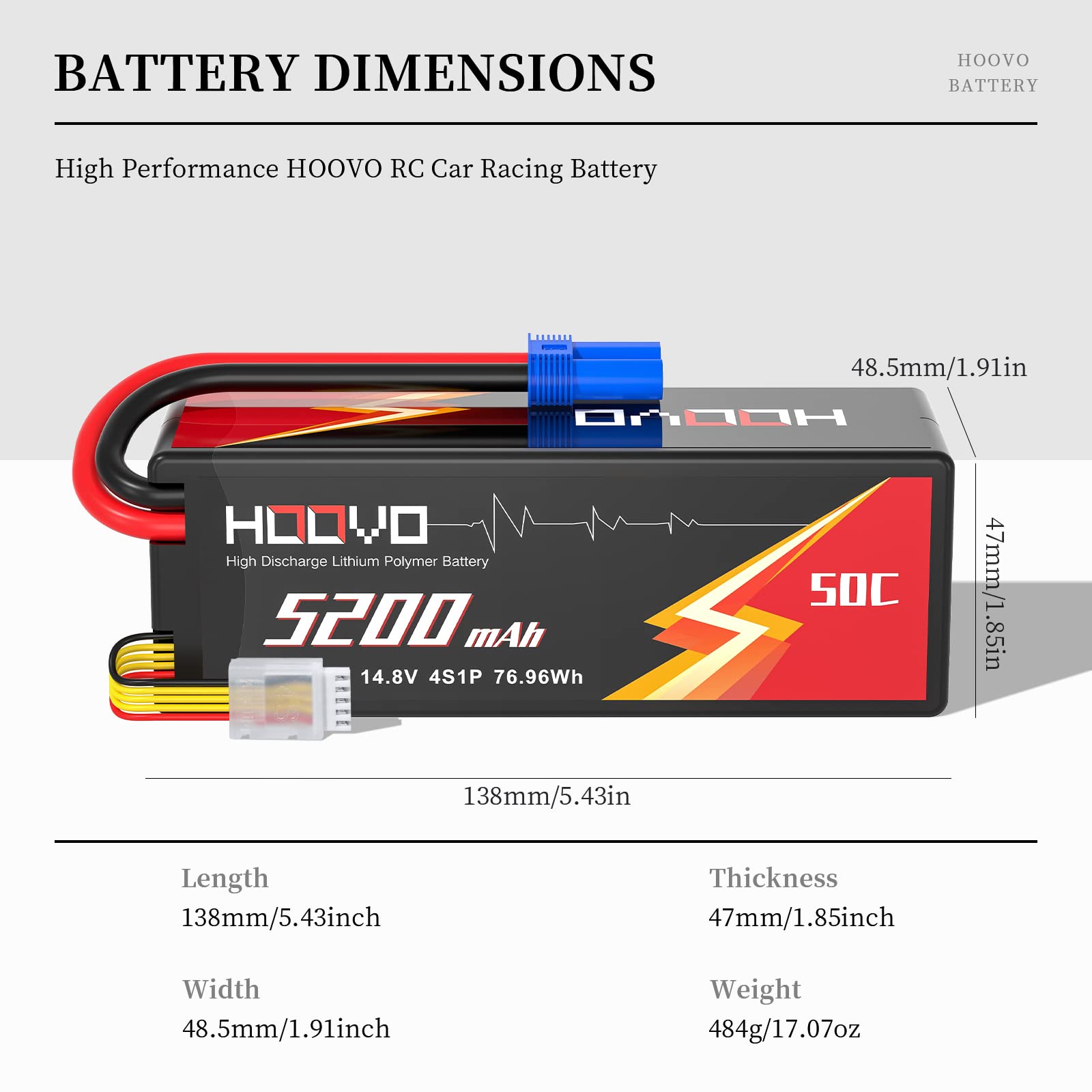 HOOVO Batteria Lipo 4S 14,8 V 50 C 5200 mAh RC con spina EC5 per RC Buggy Truggy Crawler Monster Car Boat 1 confezione