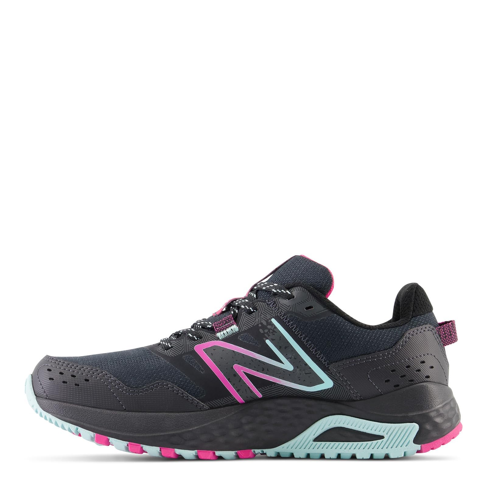 New Balance Women's 410v8 Trail Running Shoe, Black/Bright Cyan/Hi-Pink, 7.5 M