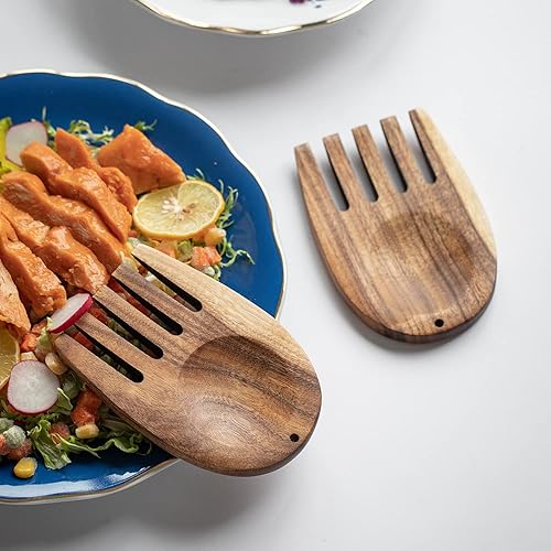 Miniatura 4 de Muso Wood Manos de ensalada de acacia, pinzas de ensalada de madera para servir mezclas de ensalada, juego para servir ensalada y fruta en tu