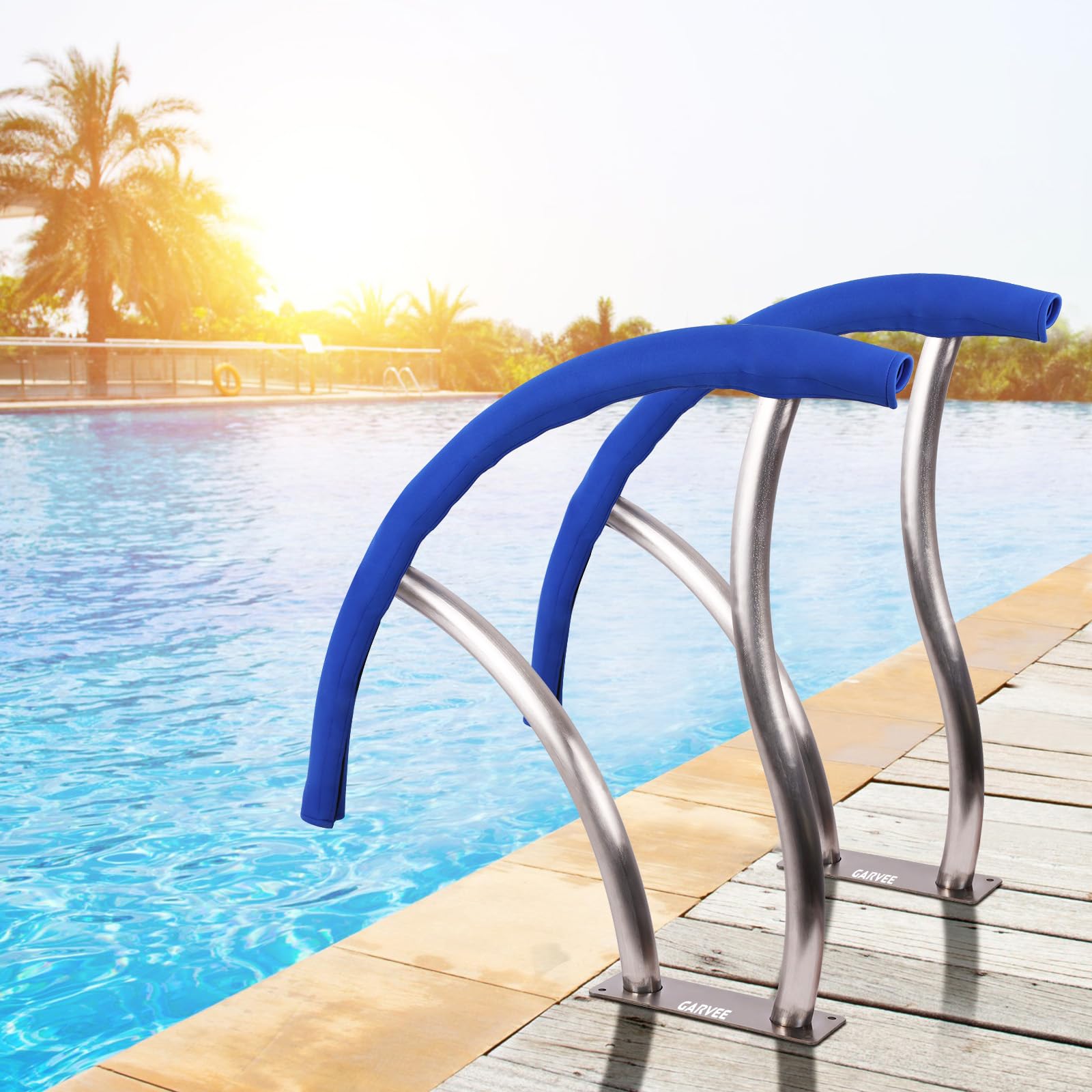 Garvee Pasamanos De Piscina De Acero Inoxidable, Par De 2, Plata | Con recubrimiento de agarre azul y montaje empotrado, para piscinas enterradas y spa, cada pasamanos mide 76 x 76 cm