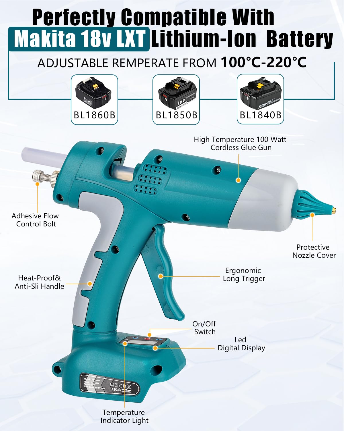 Kit de pistolet à colle chaude sans fil pour Batterie Makita 18 V LXT - Pistolet numérique LED avec 10 bâtons de colle chaude de 0,43" - Pour réparations à la maison, art et artisanat