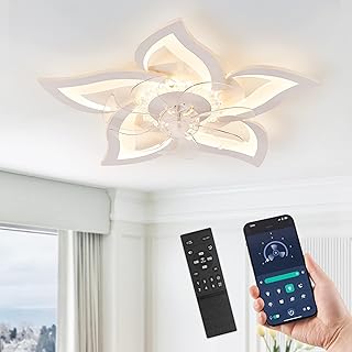 LEDIARY Flower Ceiling Fans with Lights and Remote, 27 Inch Modern Low Profile Flush Mount Ceiling Fan, Dimmable LED Ceiling Light Fixture, Small Ceiling Fans for Bedroom, Kitchen, Indoor-White
